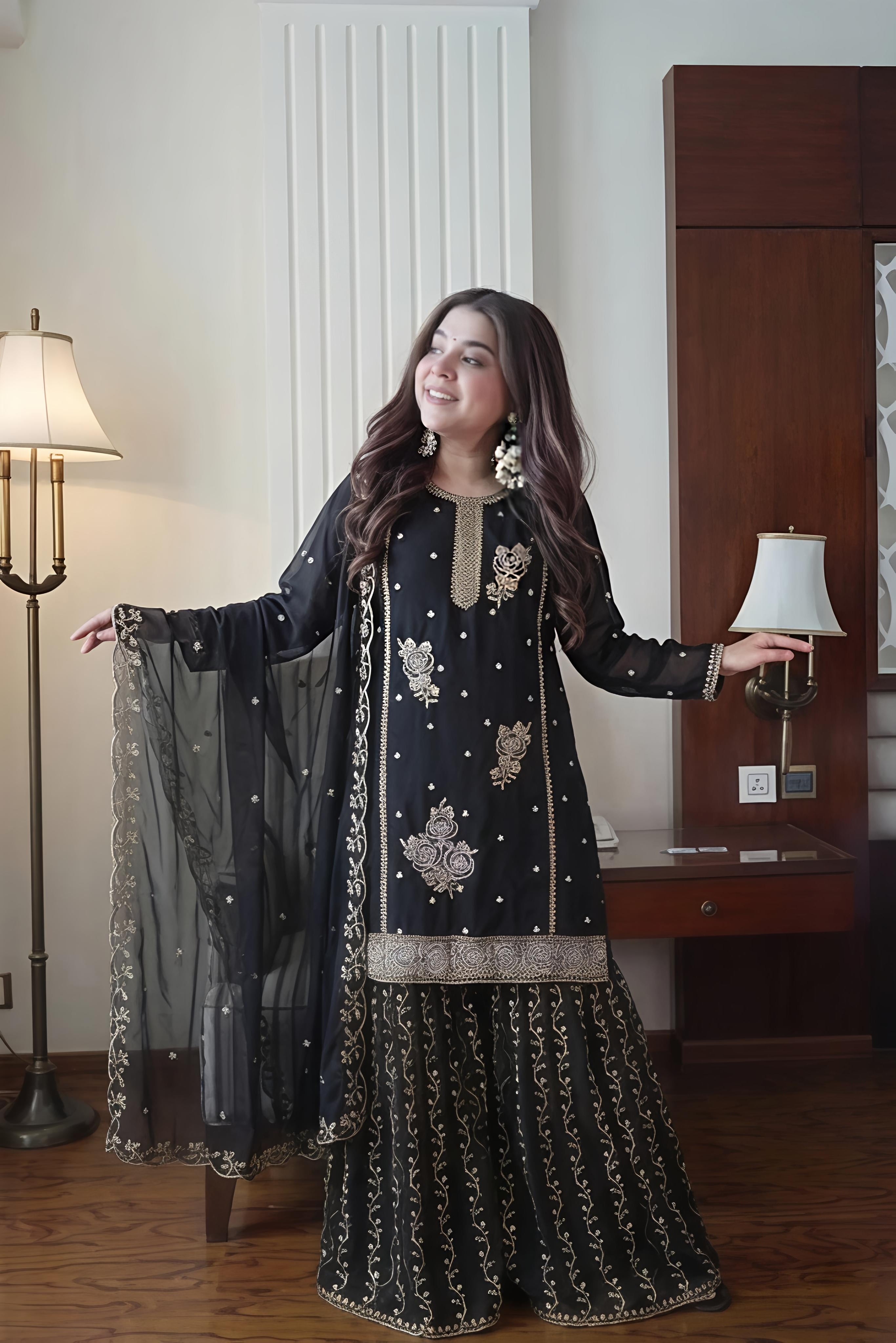 Black Gold Embroidery Gharara Set with Dupatta