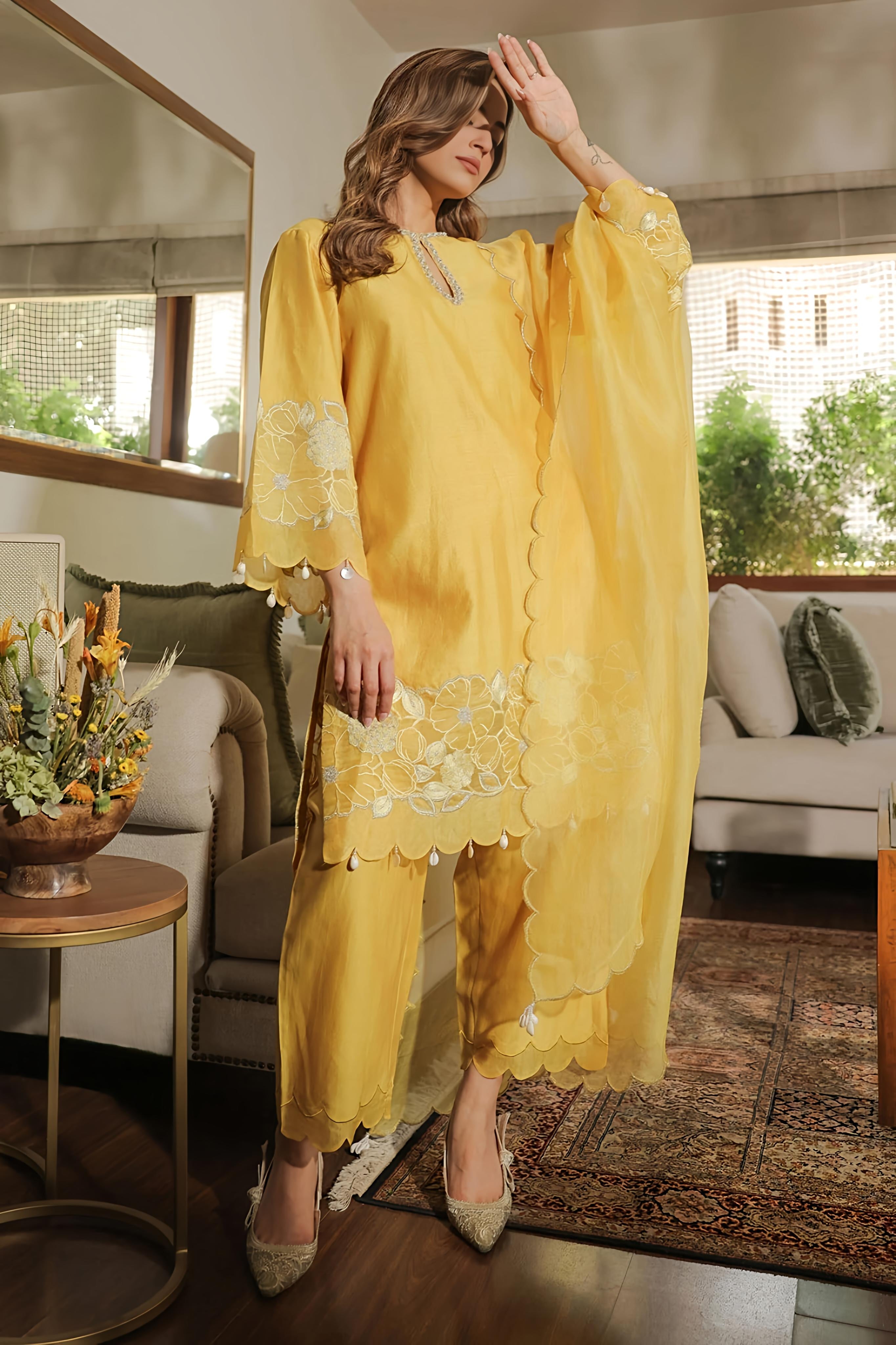 Mustard Yellow Embroidered Kurta Set