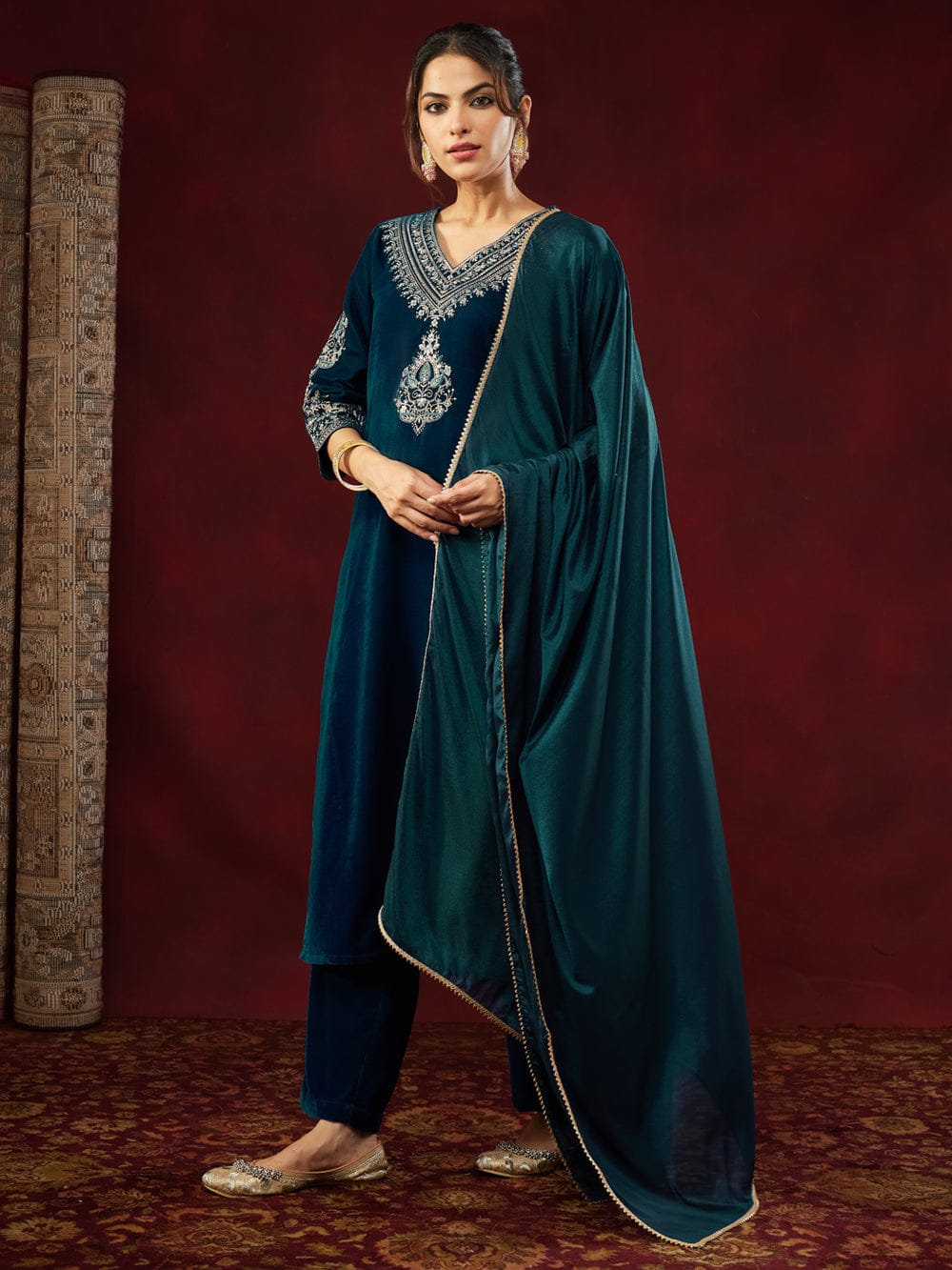 Teal Blue Velvet Zari Embroidered Straight Kurta Set