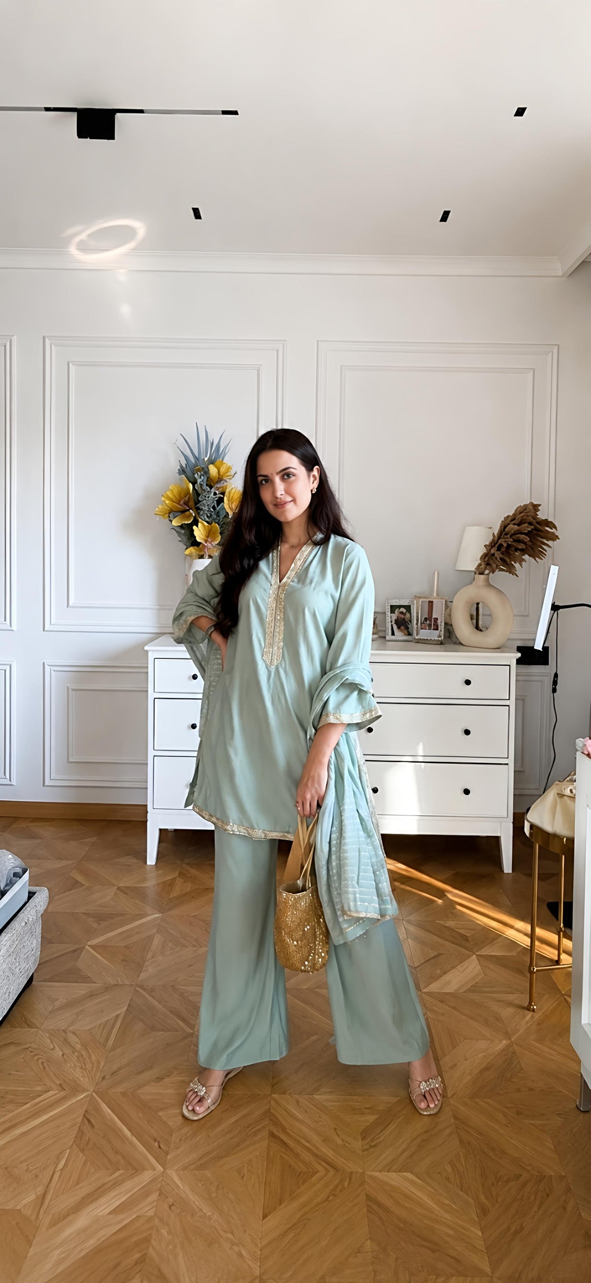 Mint Green Embroidered Kurta Palazzo Set