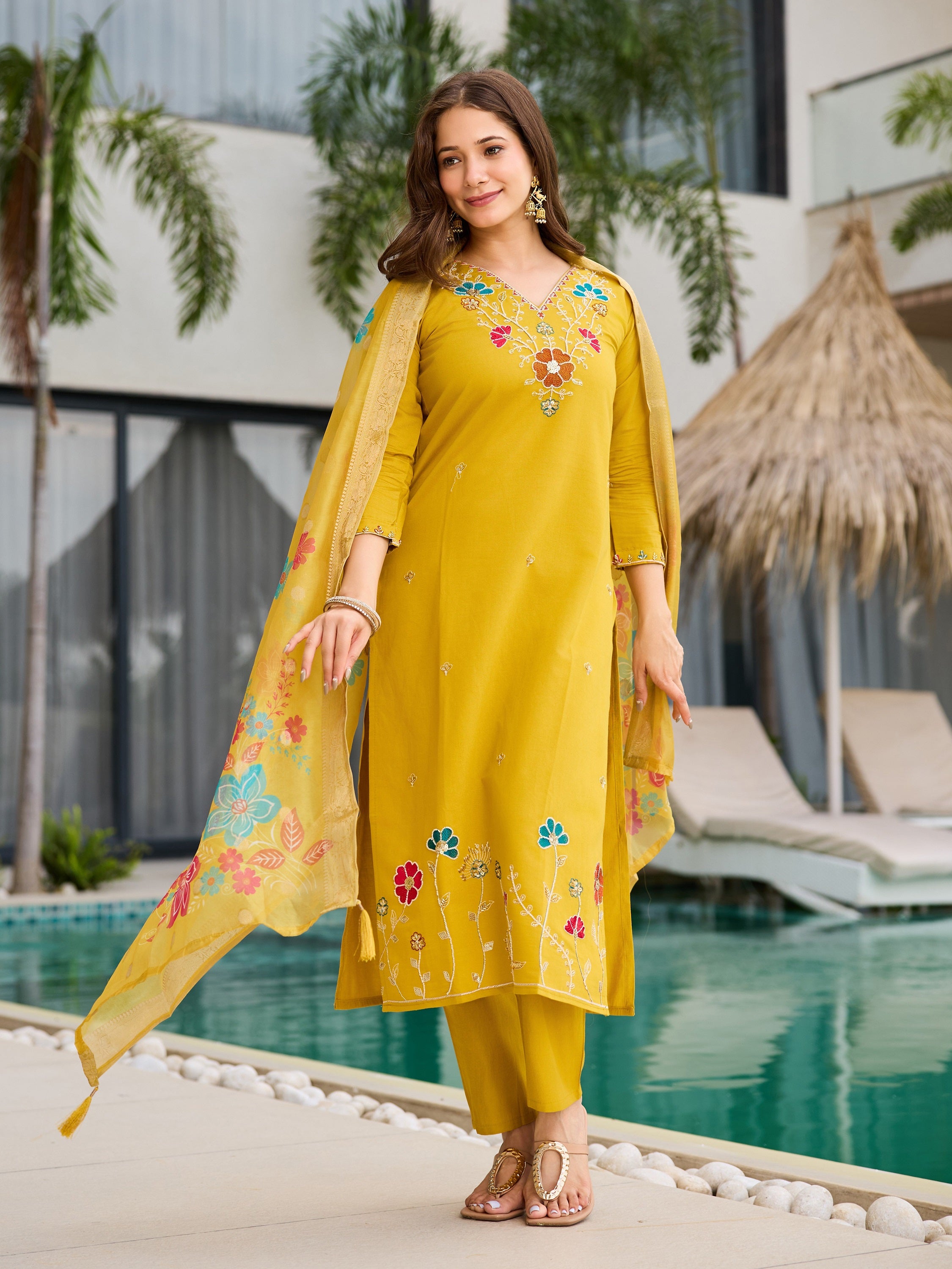 Mustard Viscose Gadhwal Kurta Set