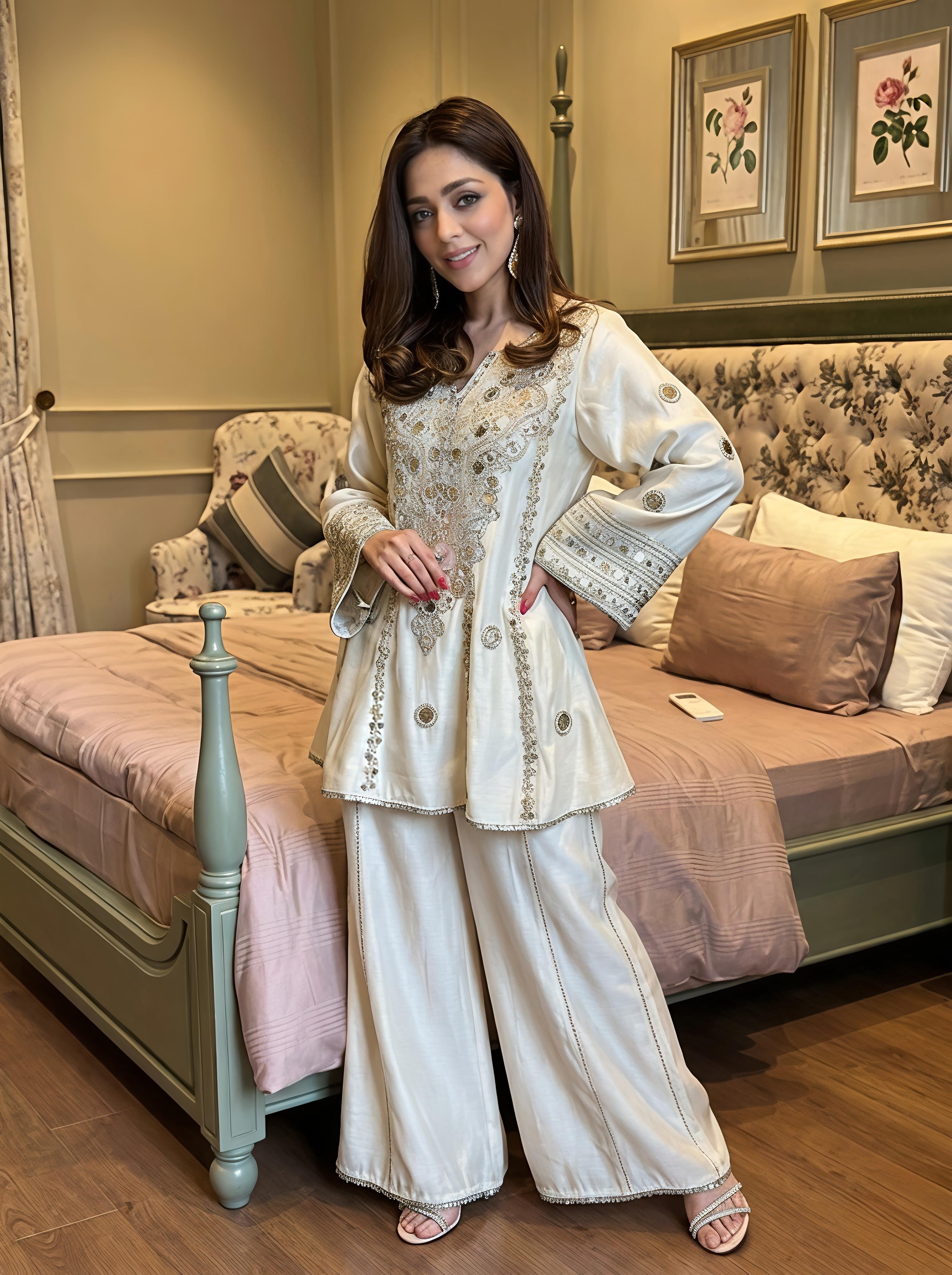 Ivory Luxe Hand-Embellished Kurta & Palazzo Set
