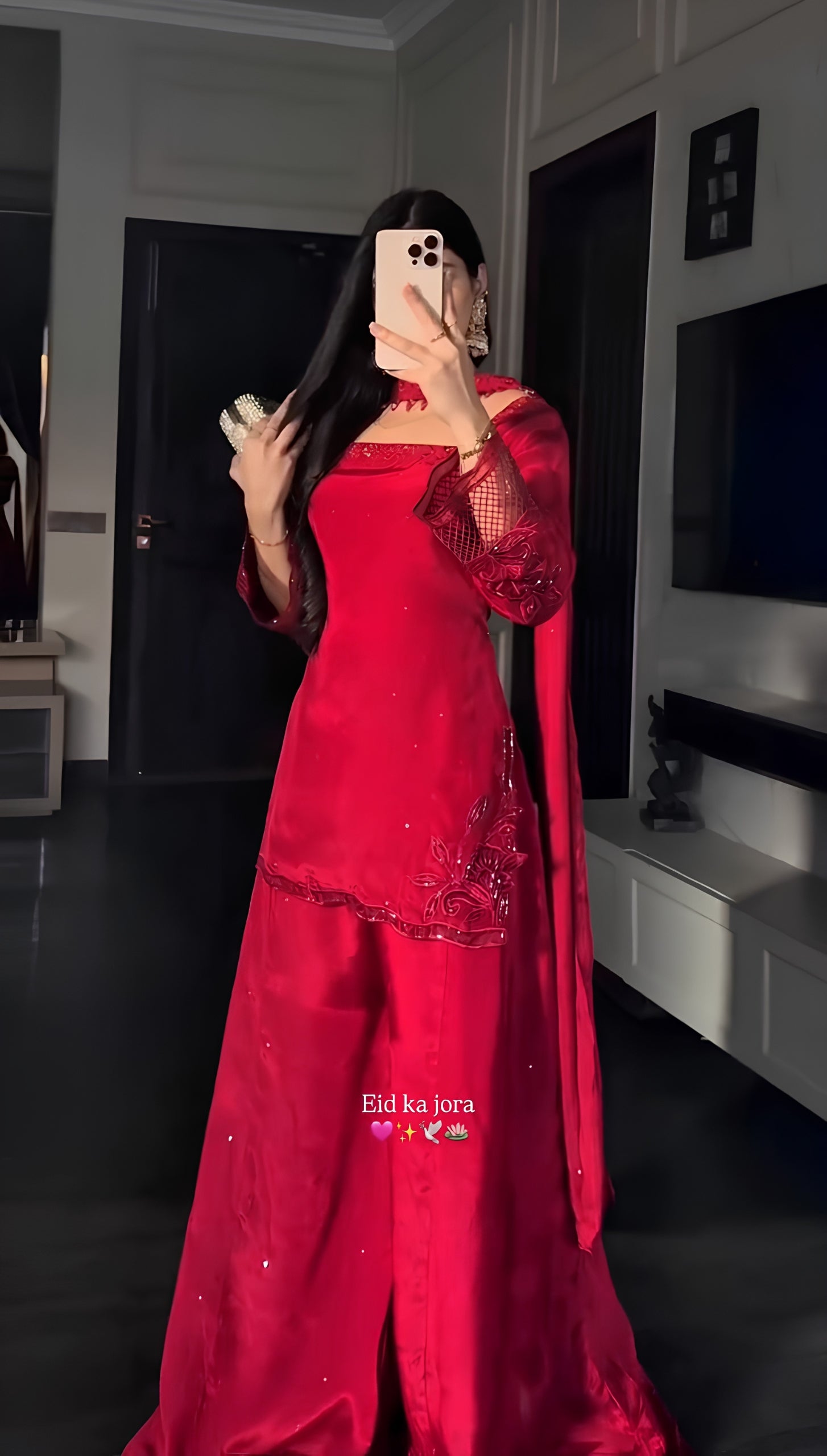 Red Embroidered Crepe Silk Farshi Suit
