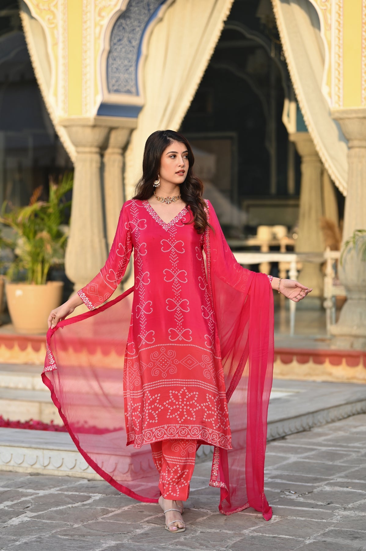Pink Printed Chinon Bandhani Suit Set