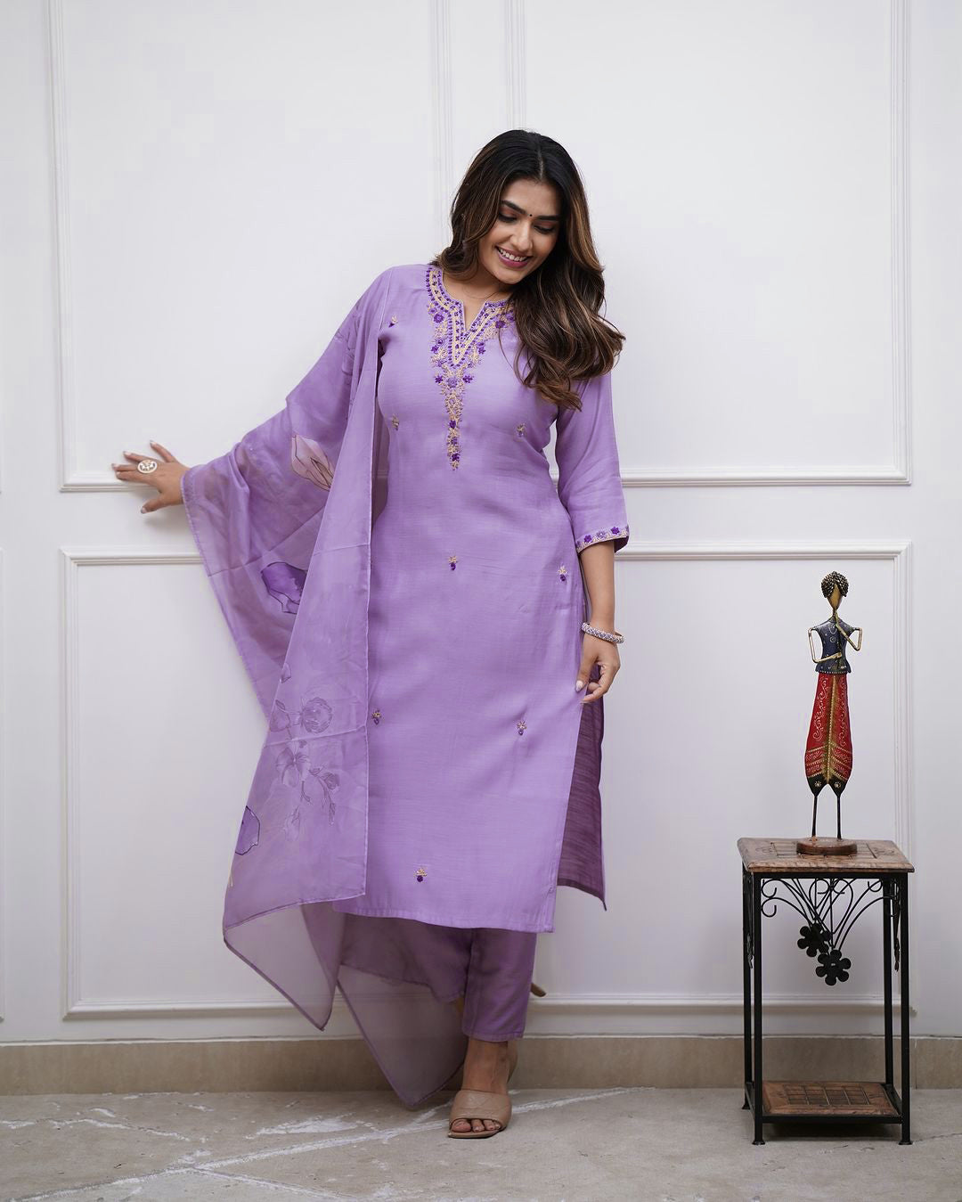 Lavender Embroidered Straight Kurta Pants Set