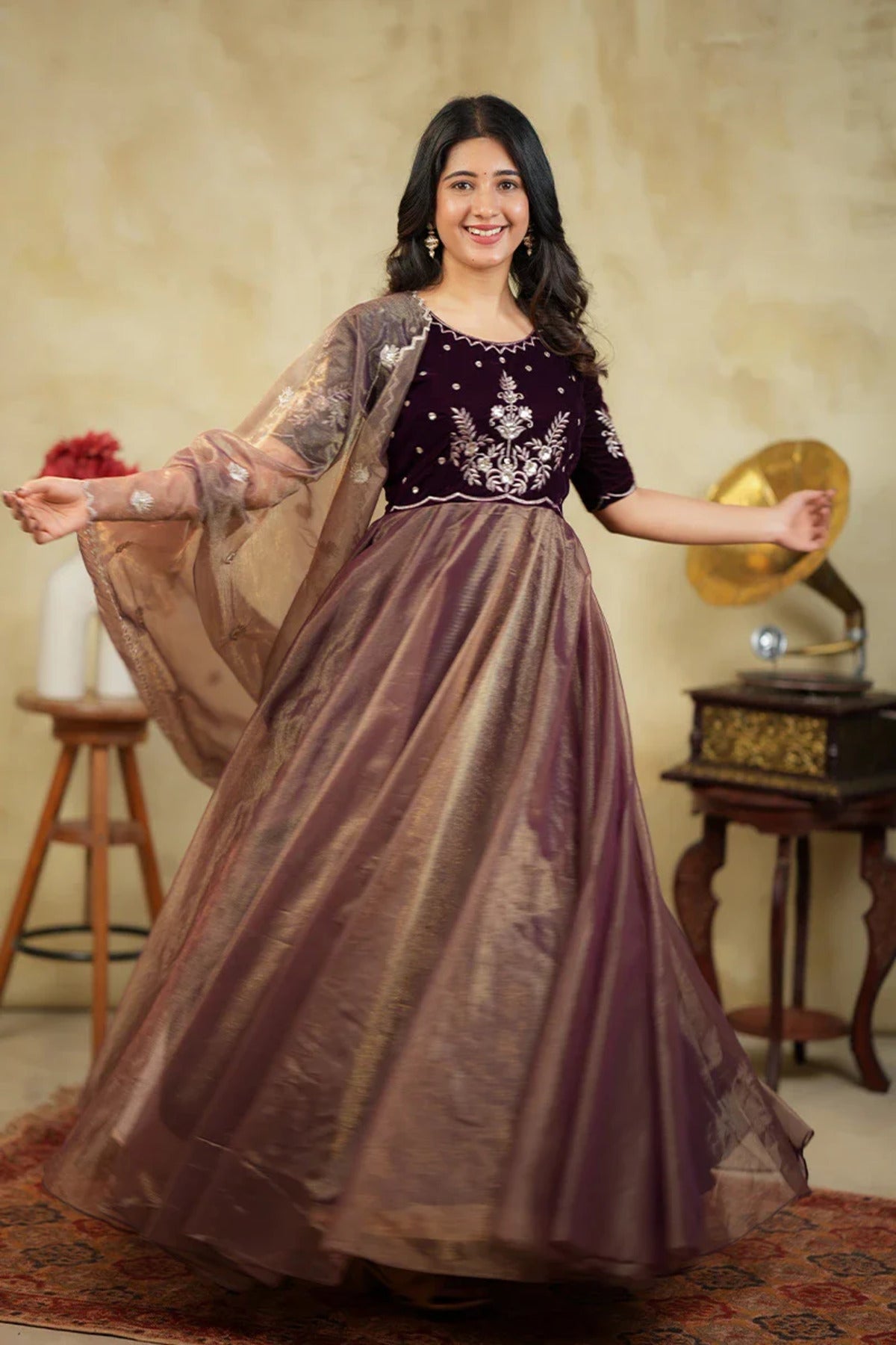 Embroidered Velvet Anarkali Gown with Dupatta