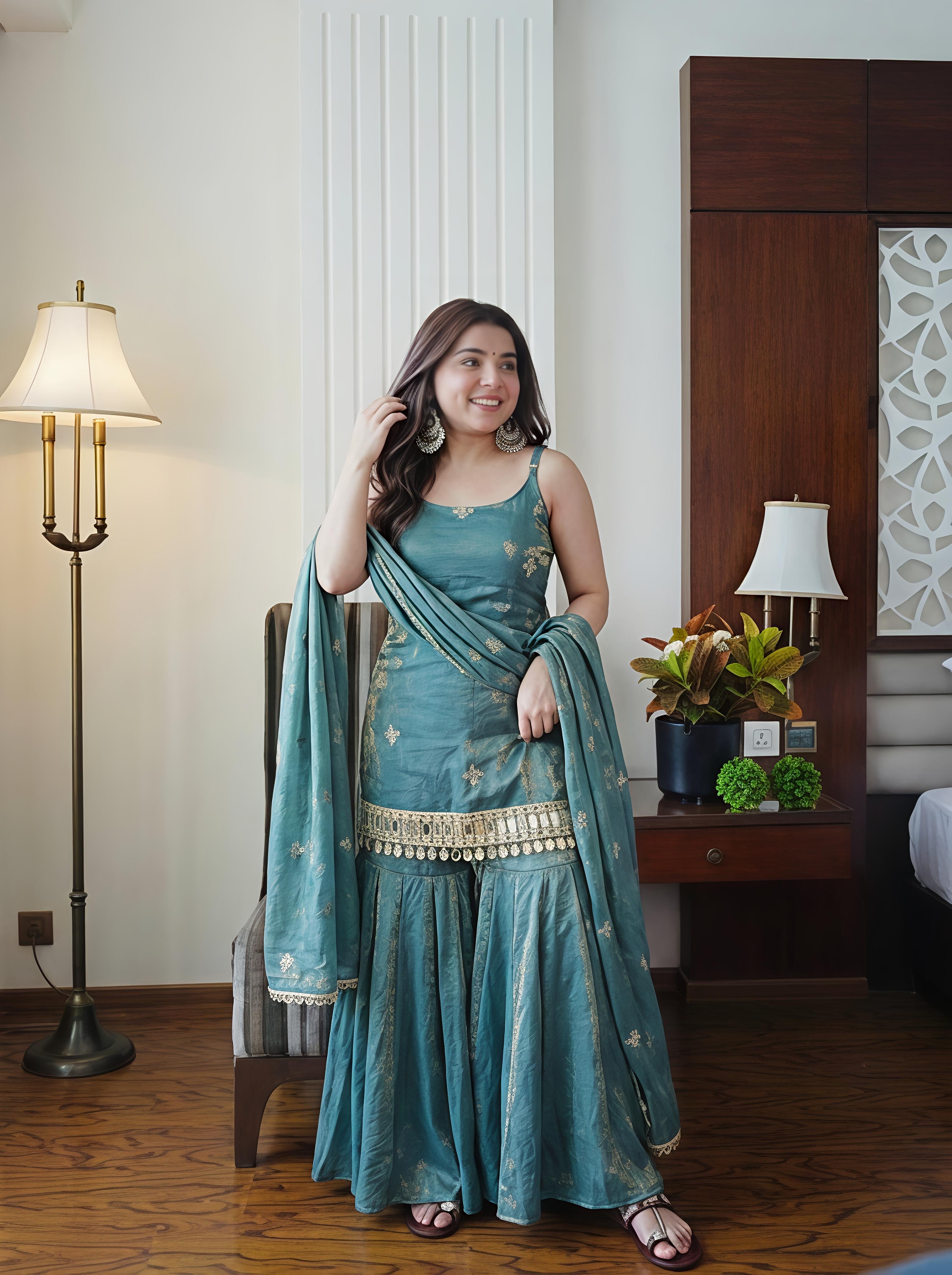 Sea Green Simmer Silk Embroidery Palazo Kurti With Dupatta