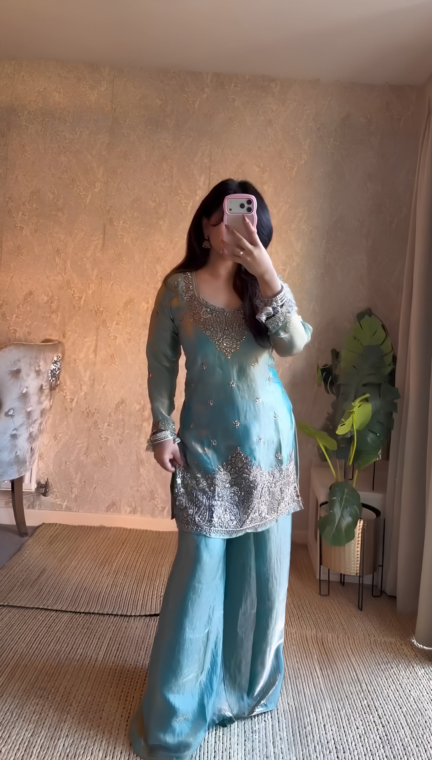Plush Sky Blue Fendy Silk Embroidered Kurti Palazzo Set