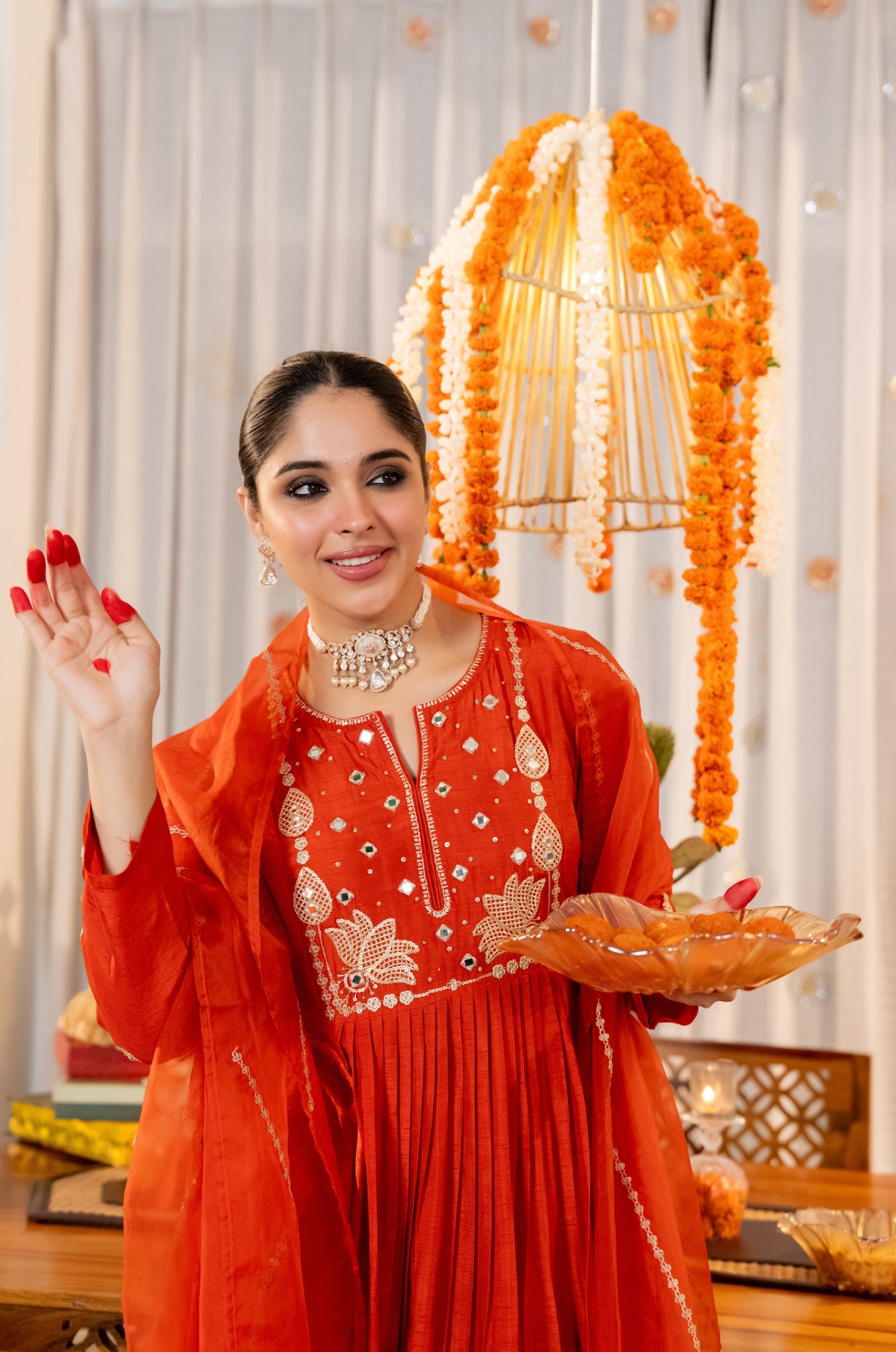 Tomato Red Gathering Anarkali Kurta Pant Suit Set with Dupatta