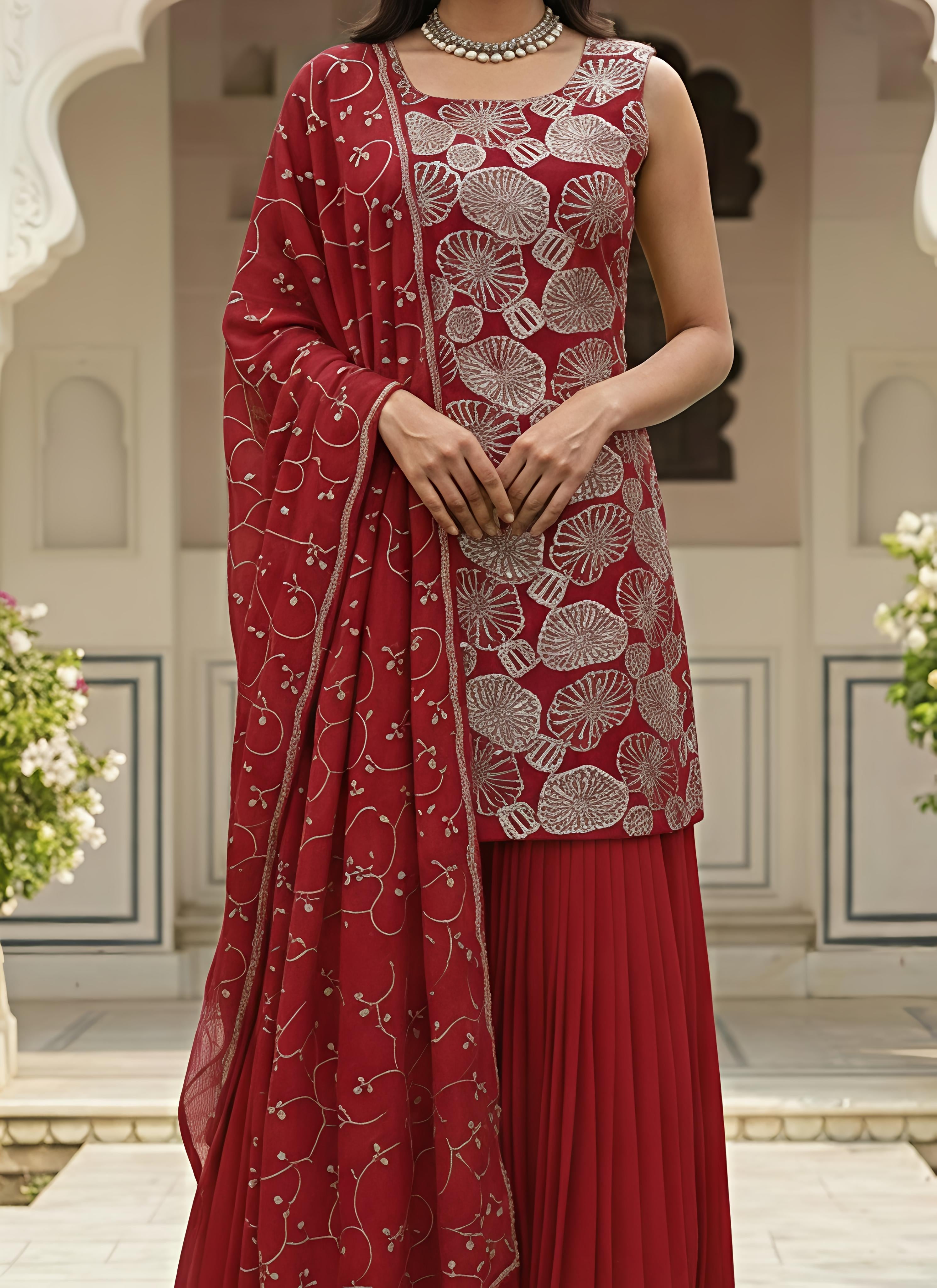 Red Shimmer Silk Sequins Thread Sharara Suit