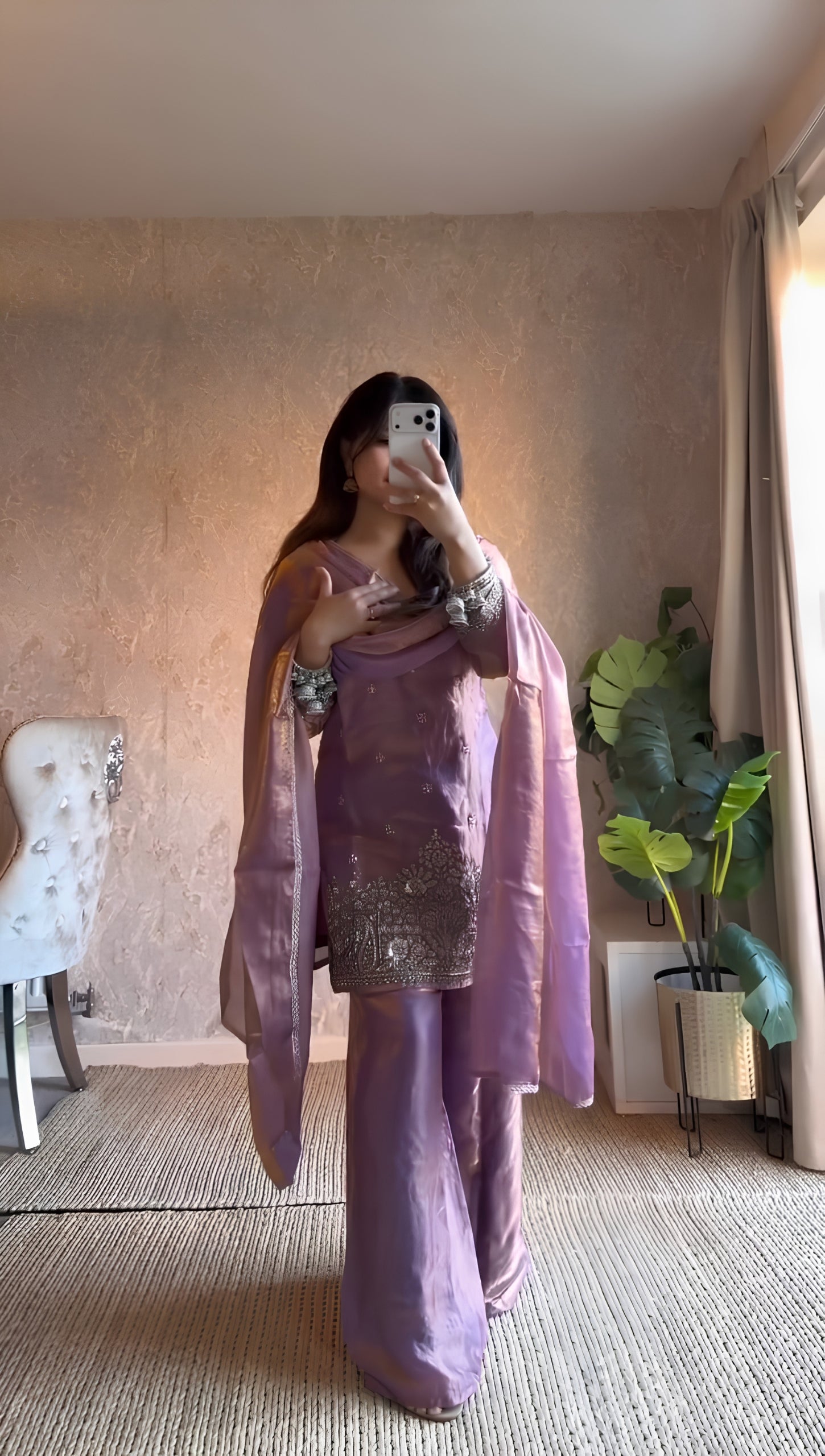 Plush Lavender Fendy Silk Embroidered Kurti Palazzo Set