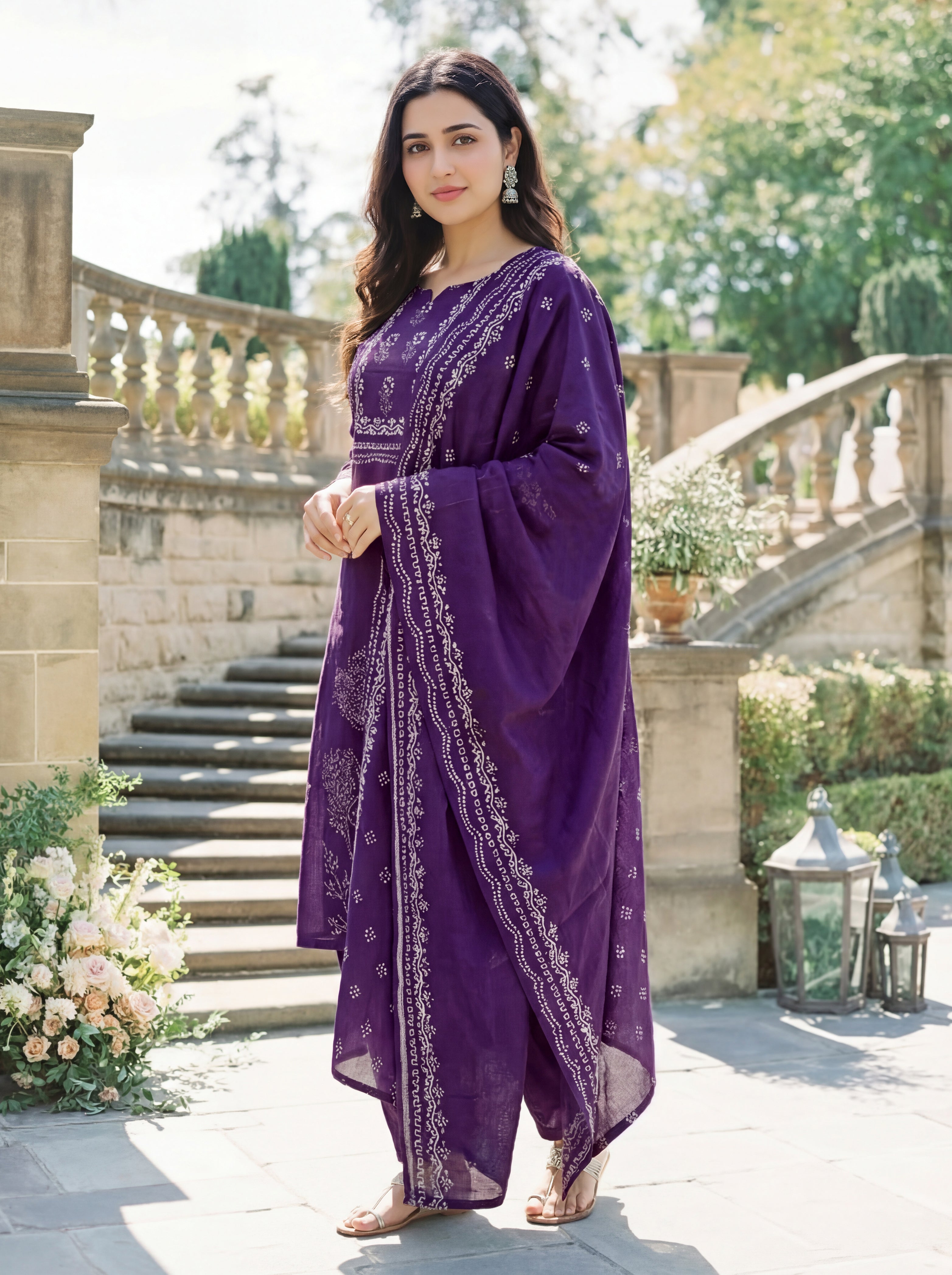 Purple Muslin Kurta Set with Traditional Print