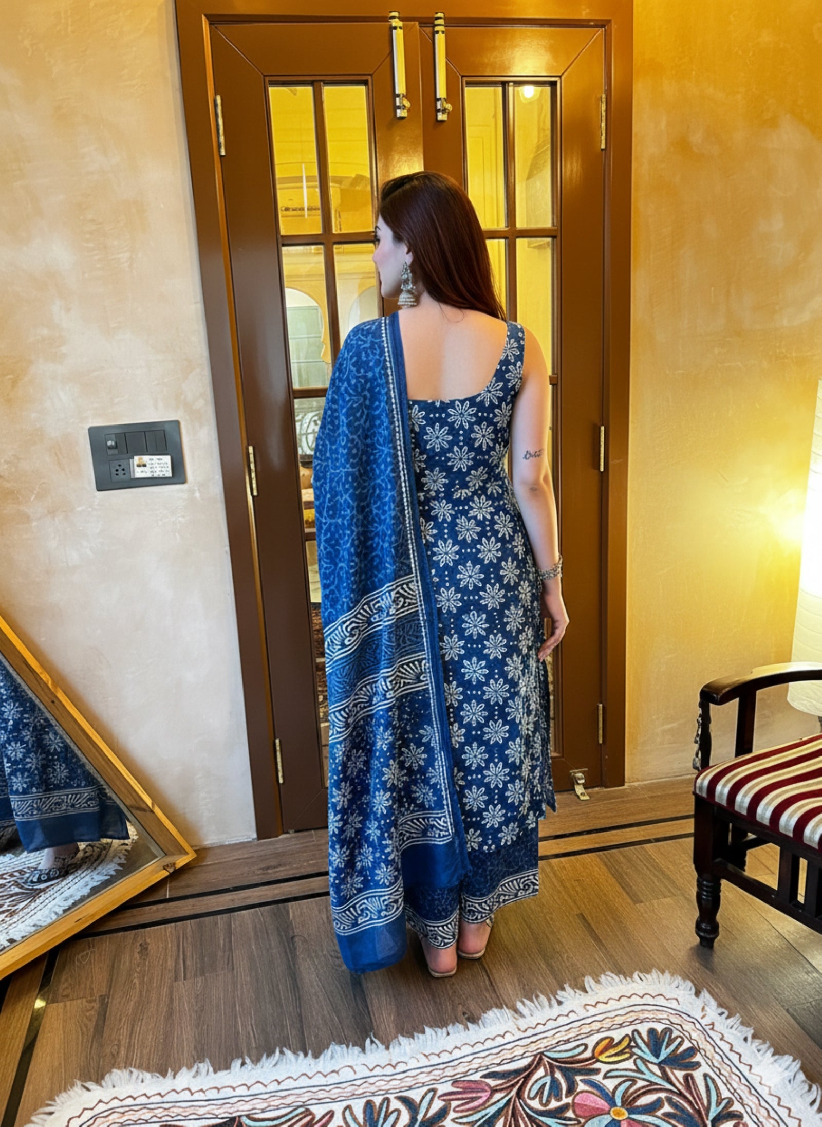 Women's Indigo Blue Floral Block-Print Sleeveless Kurta Palazzo Set with Dupatta