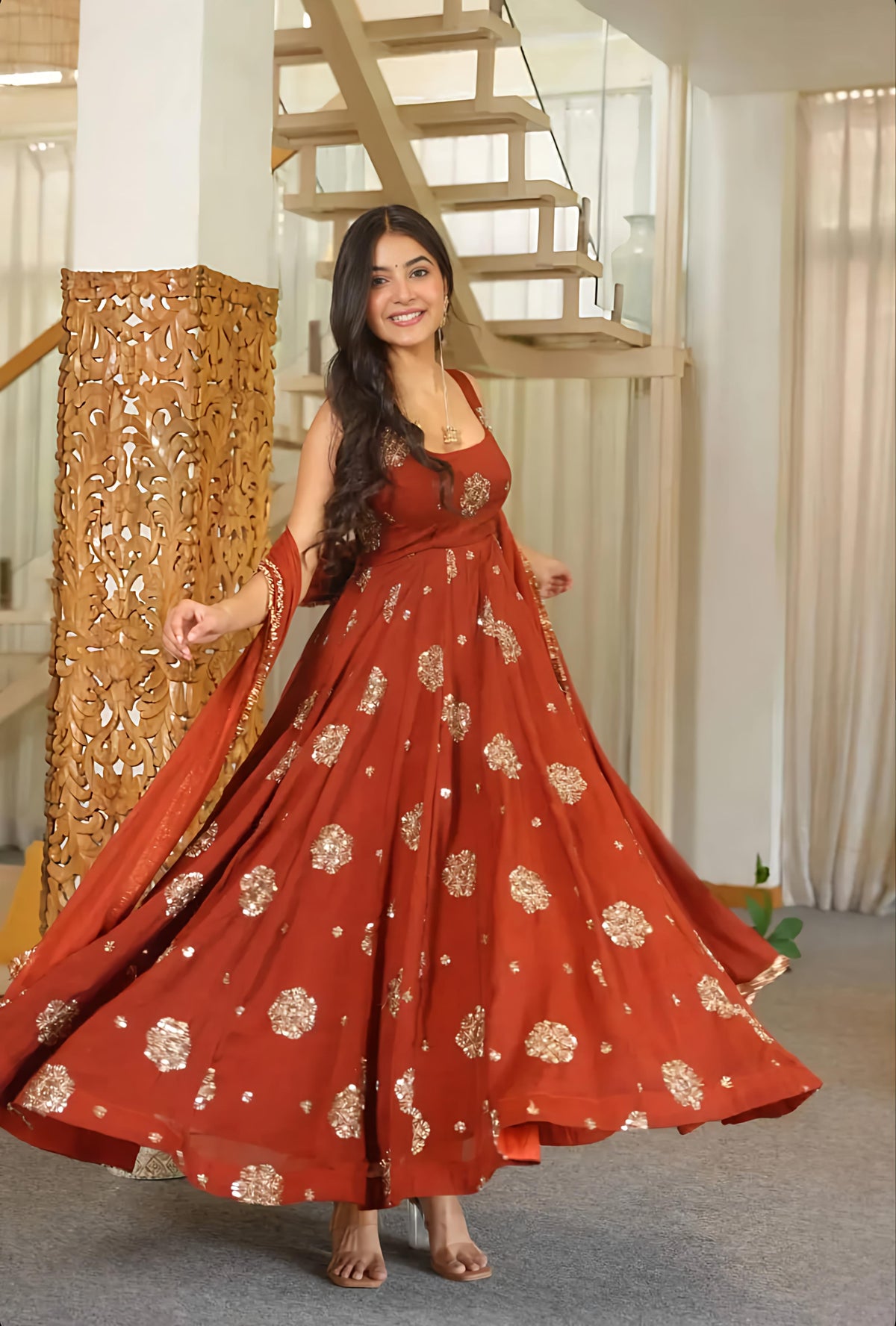 Aarohi Rust Silk Anarkali Set