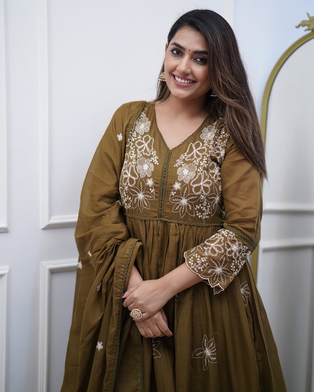 Olive Green Cotton Silk Floral Embroidered Anarkali Gown Set