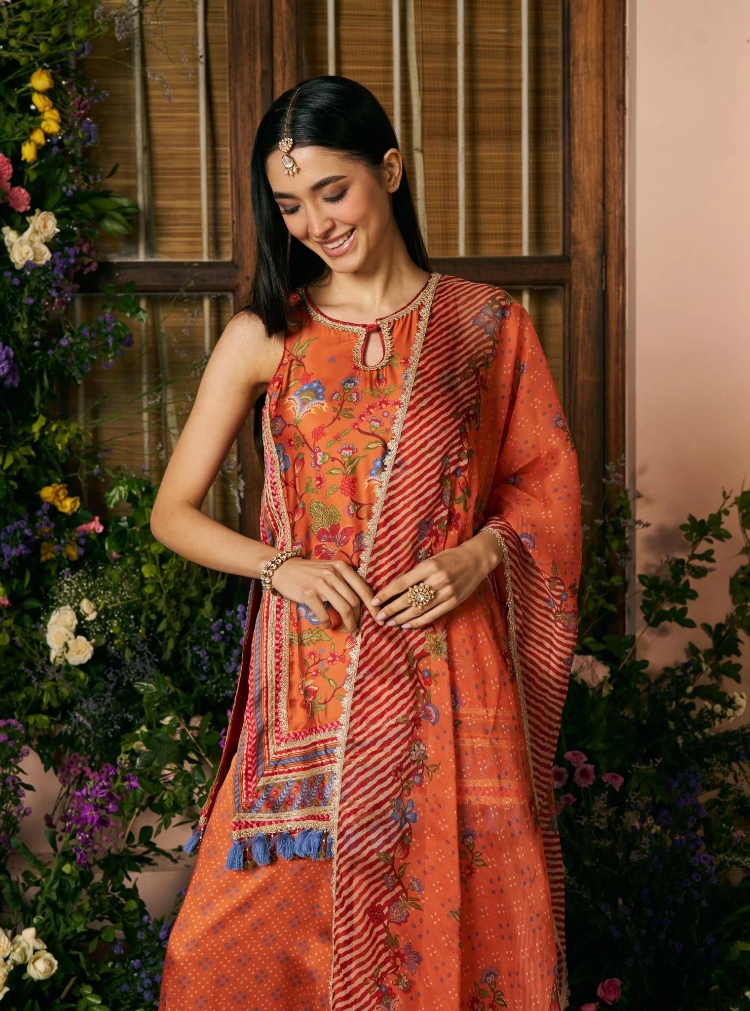Taali Satin Printed Orange Kurta Set With Dupatta