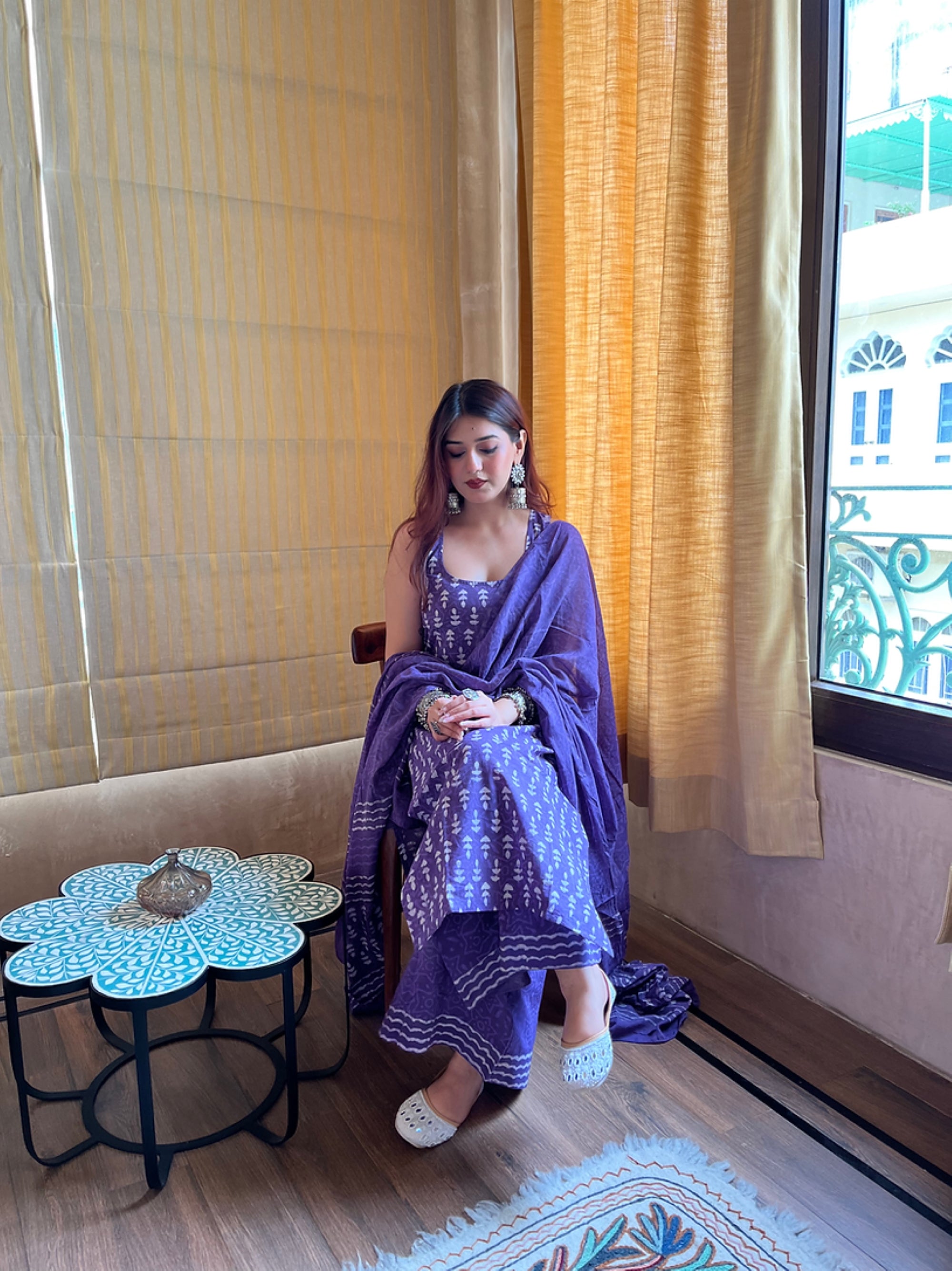 Women's Purple Block-Print Sleeveless Kurta Sharara Set with Dupatta.