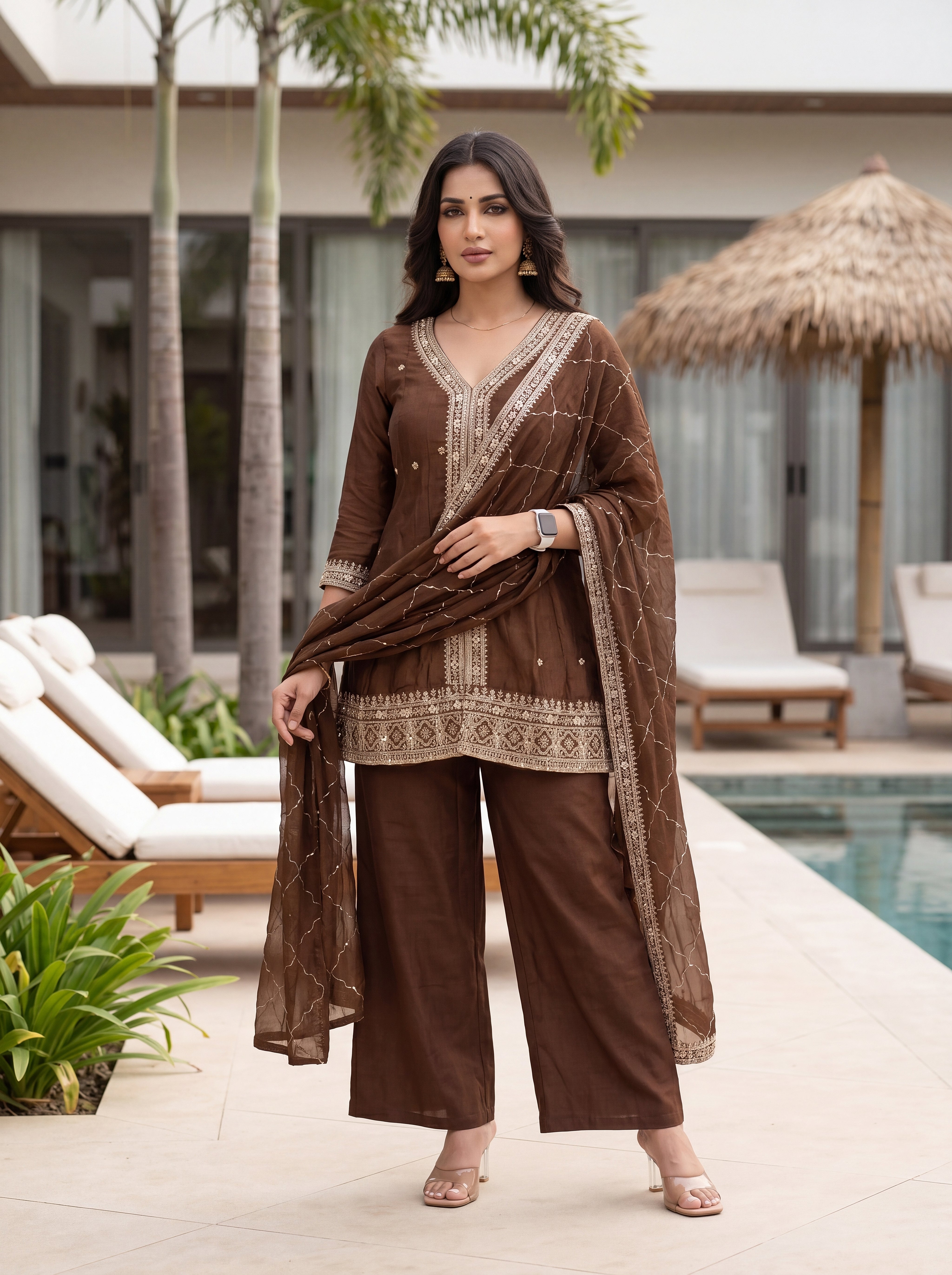 Vichitra Silk Embroidered V-Neck Kurta Pant Set with Dupatta