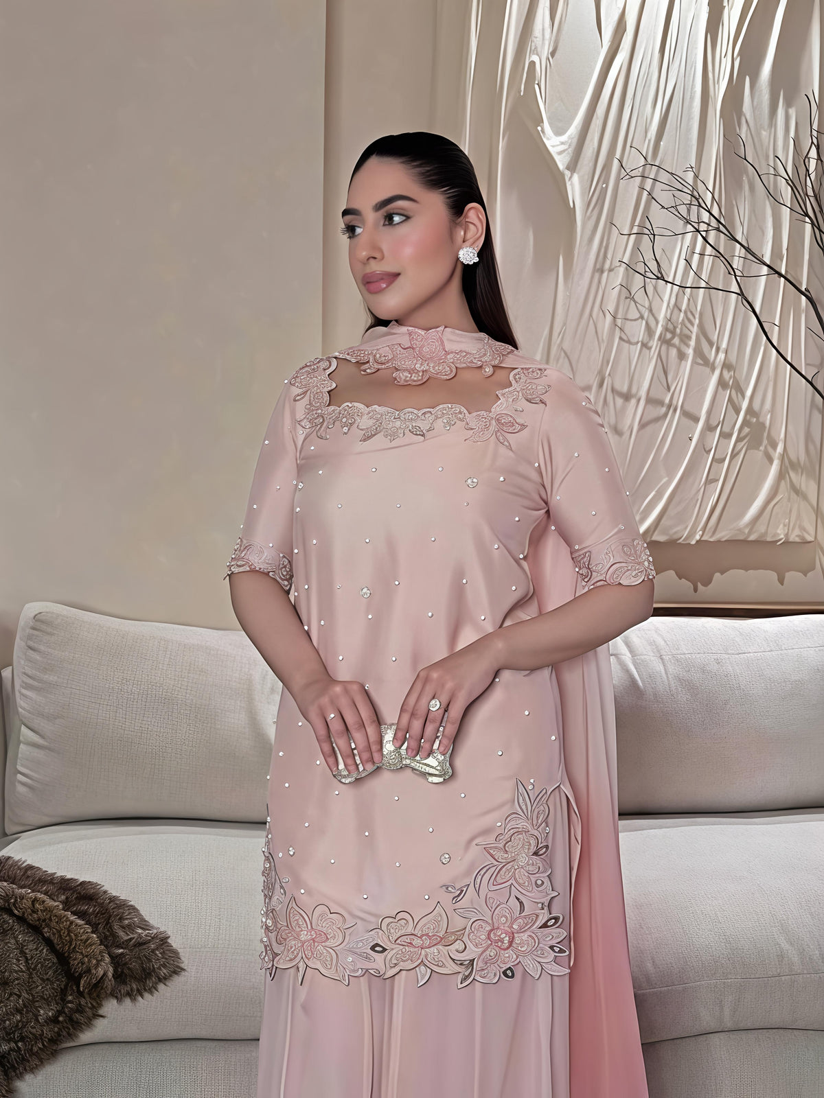 Embroidered Pink Roman Glass Silk Kurti Palazzo Set