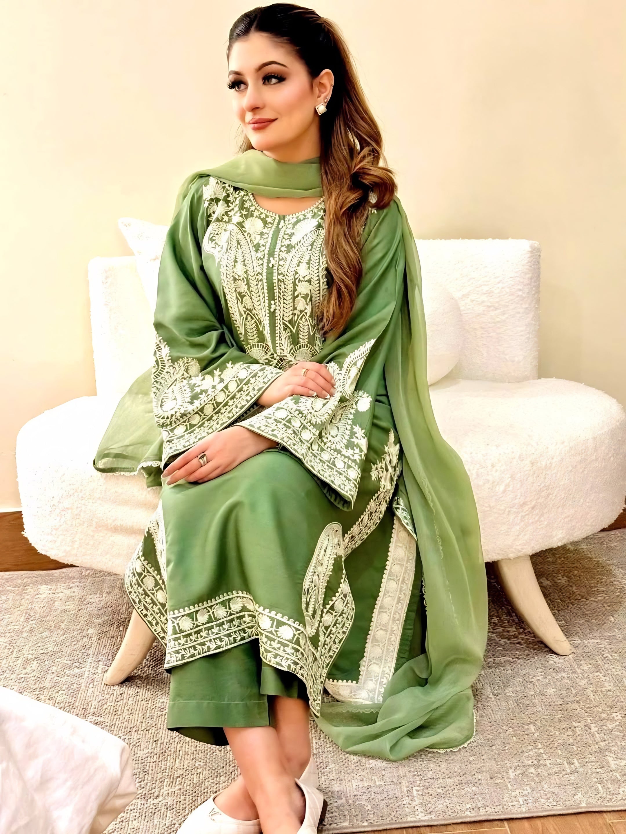 Sage Green Embroidered Suit Set