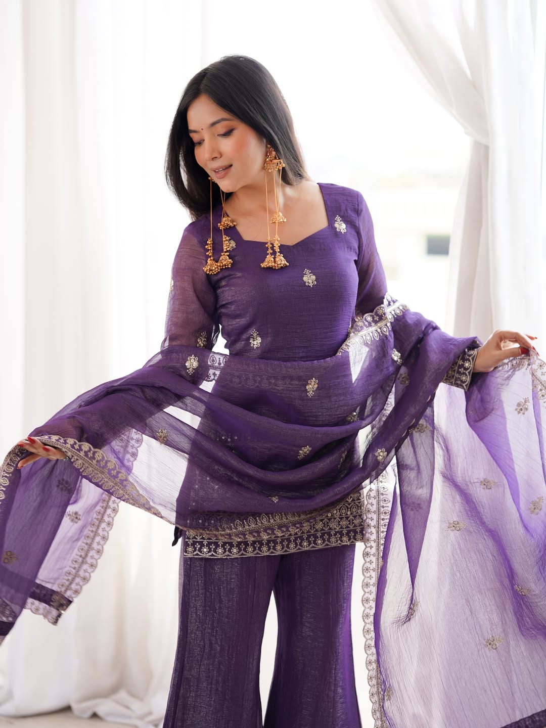 Purple Crunchy Silk Embroidered Kurta Palazzo Set