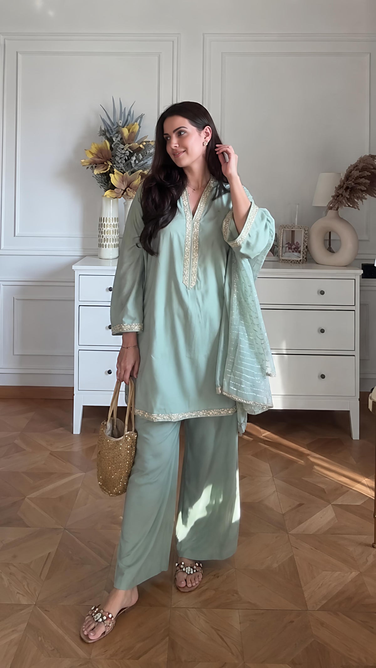 Mint Green Embroidered Kurta Palazzo Set