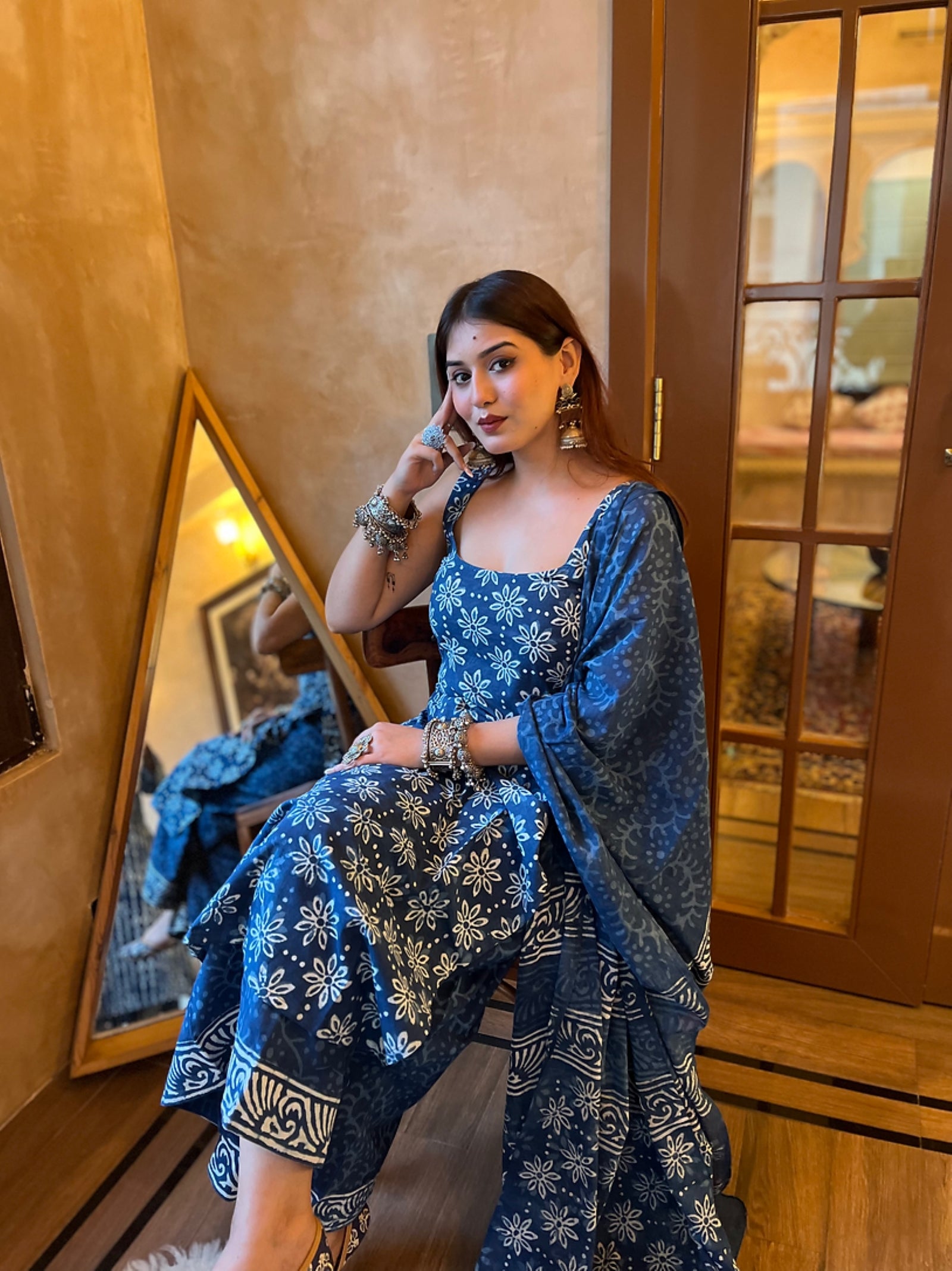 Women's Indigo Blue Floral Block-Print Sleeveless Kurta Palazzo Set with Dupatta