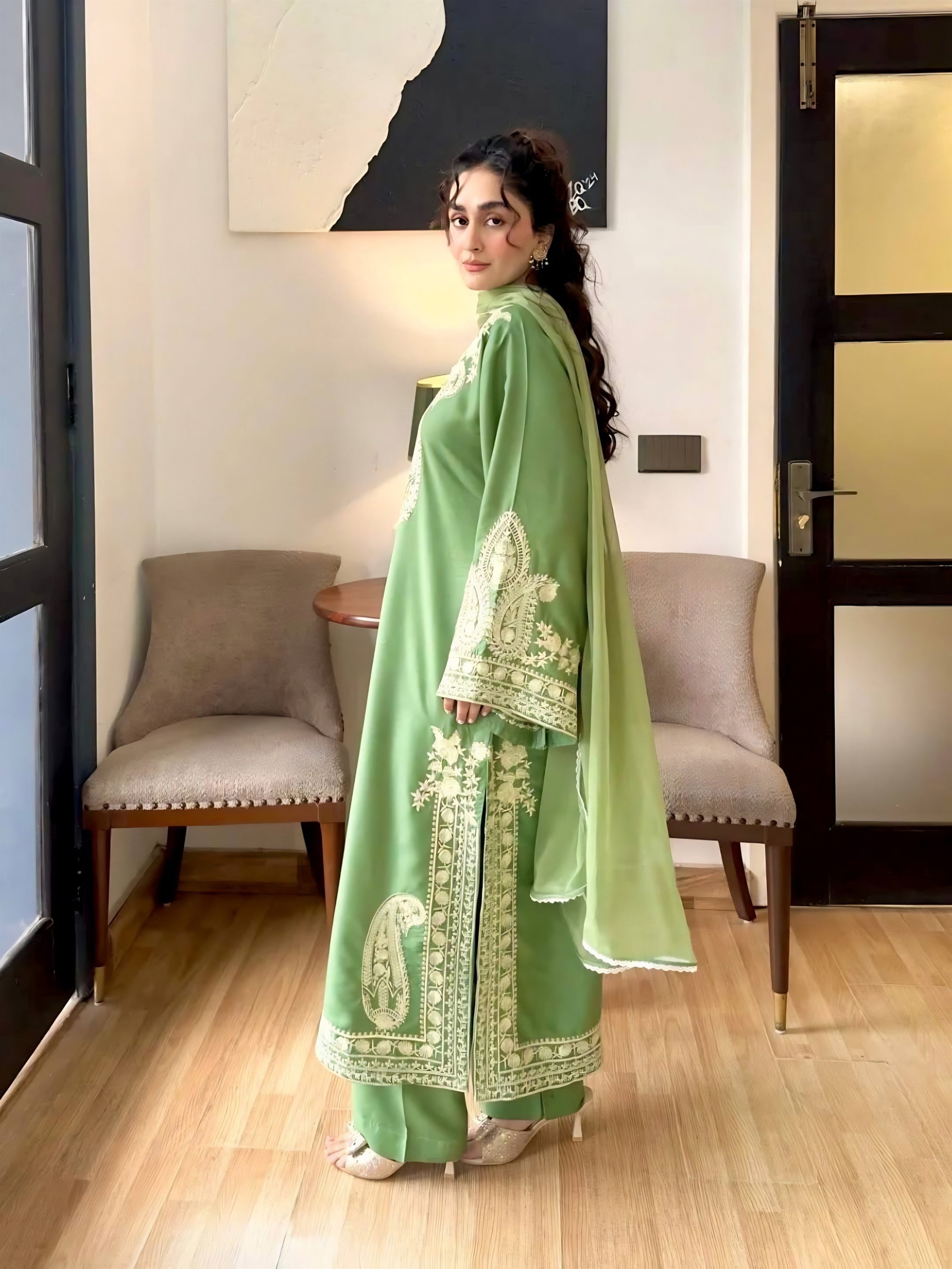 Sage Green Embroidered Suit Set