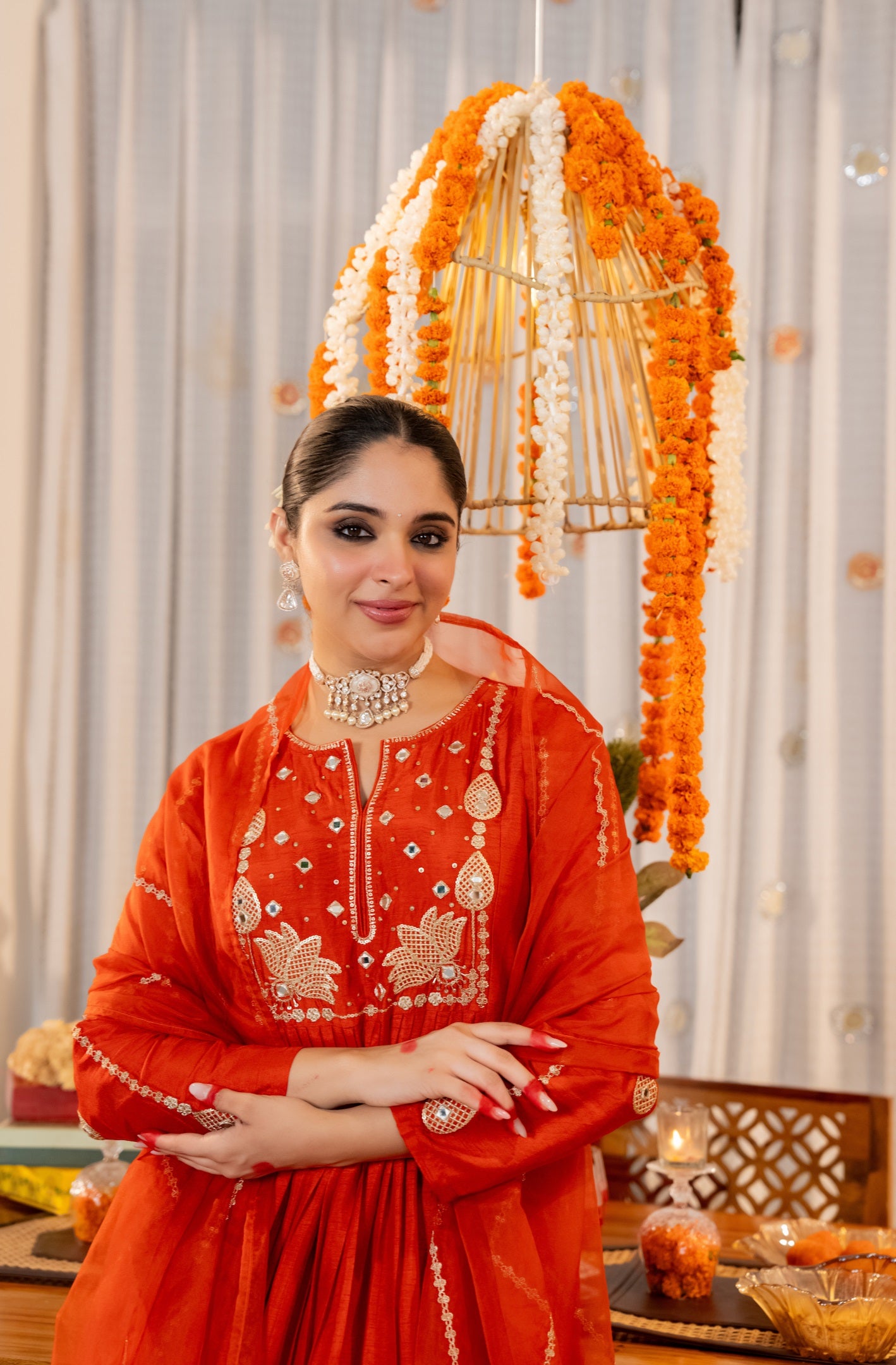 Tomato Red Gathering Anarkali Kurta Pant Suit Set with Dupatta