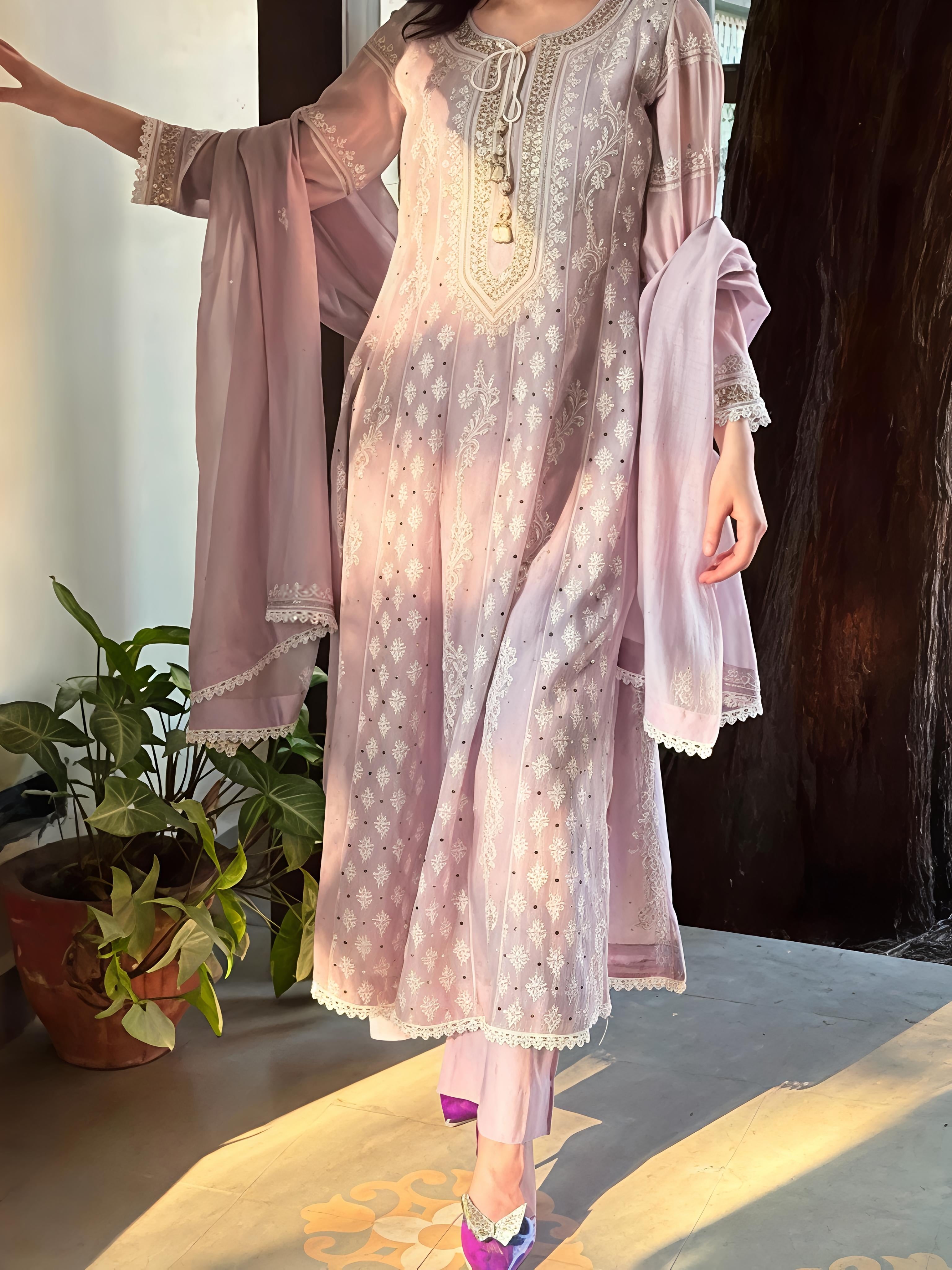 Lavender Mal Chikankari Suit Set