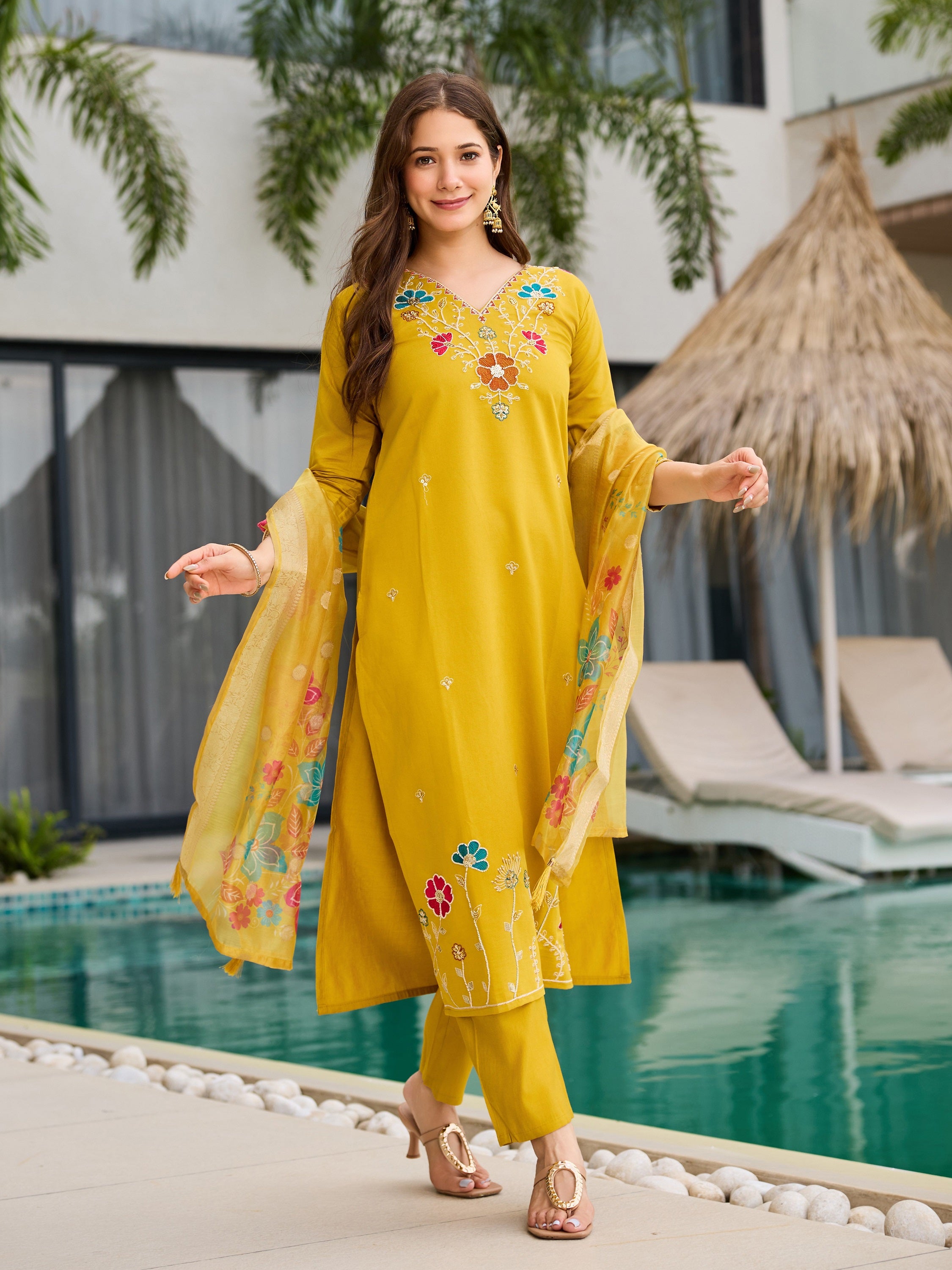 Mustard Viscose Gadhwal Kurta Set