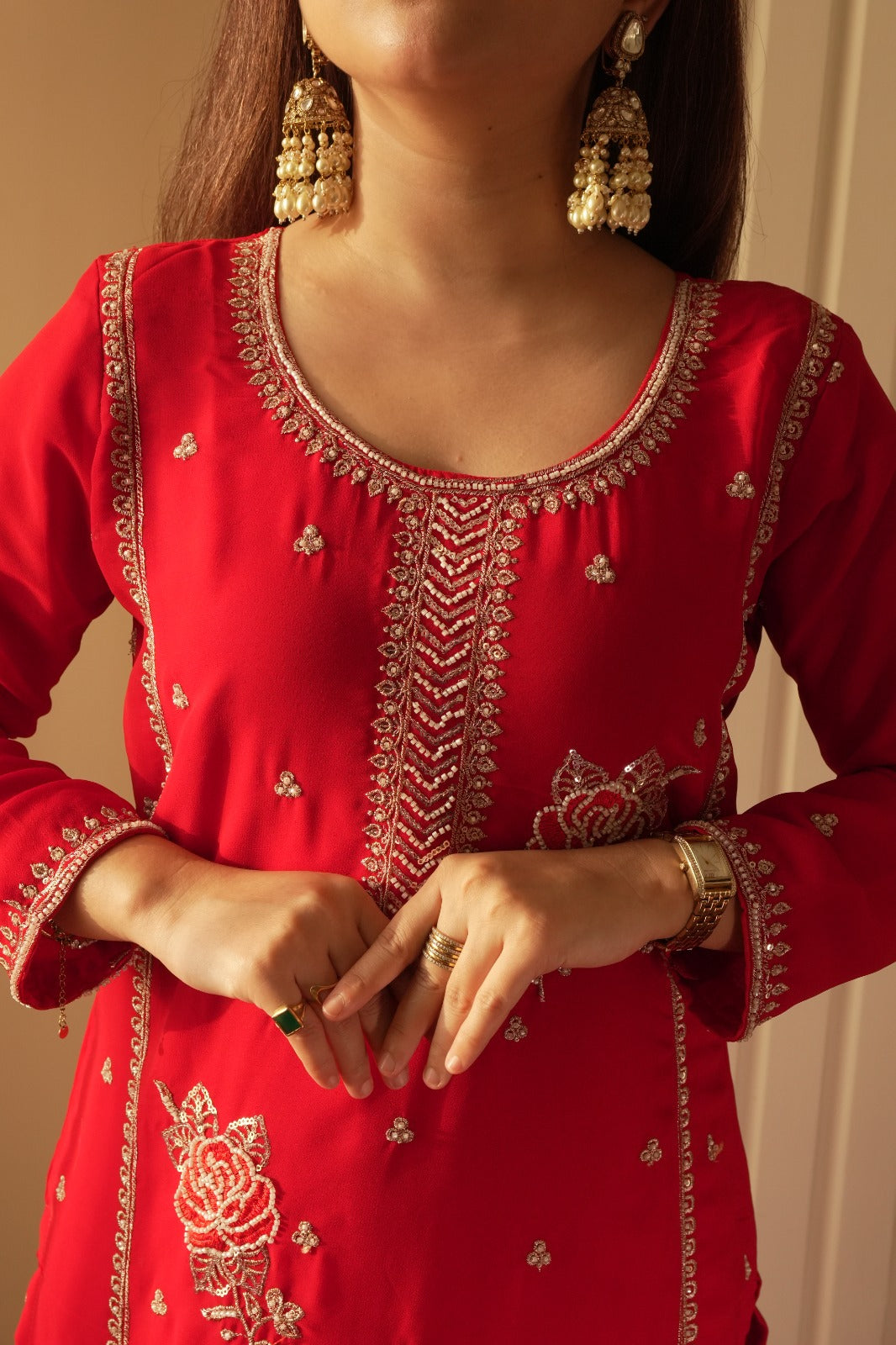Traditional Red Hand-Embroidered Silk Sharara Suit
