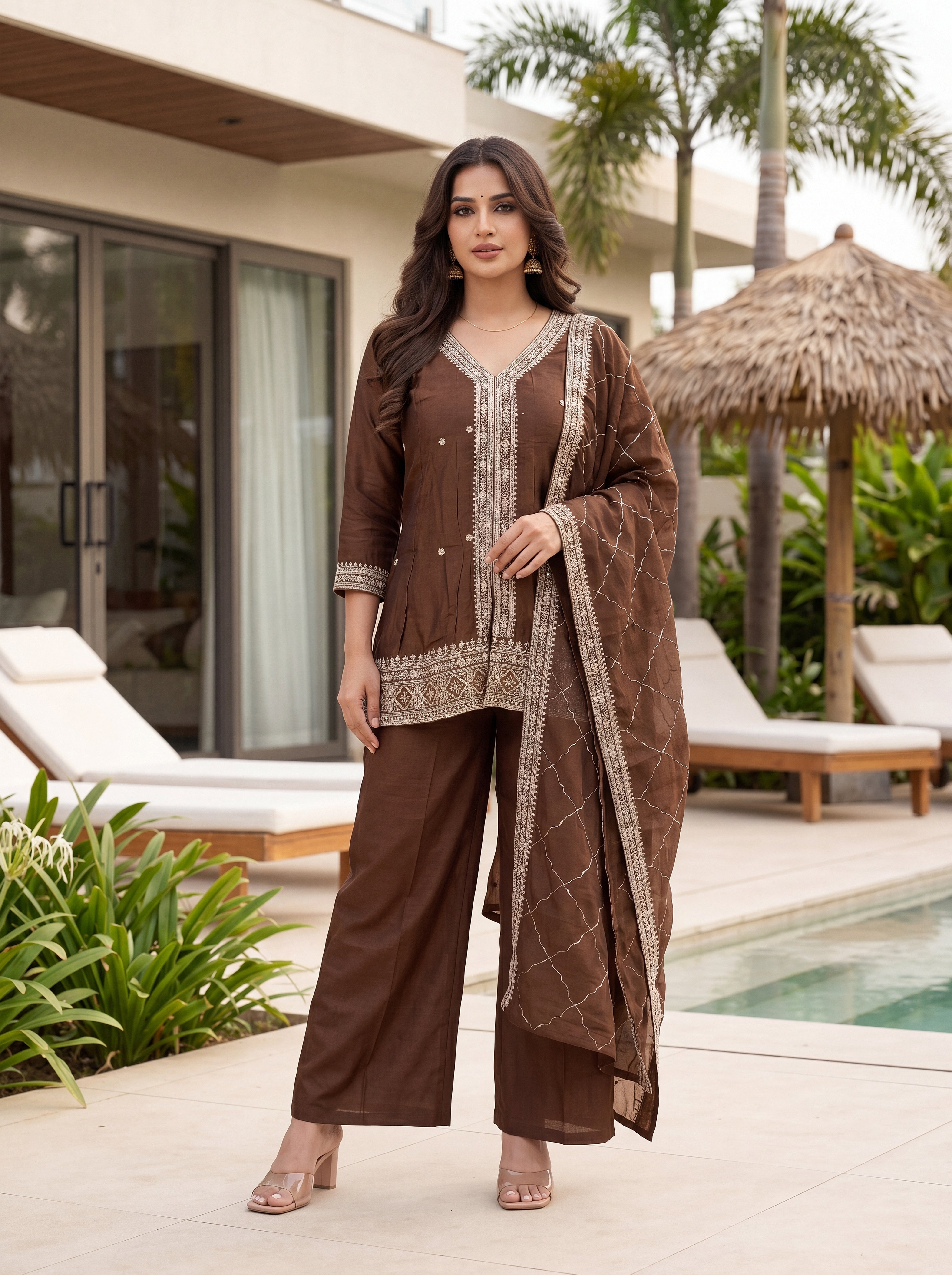 Vichitra Silk Embroidered V-Neck Kurta Pant Set with Dupatta