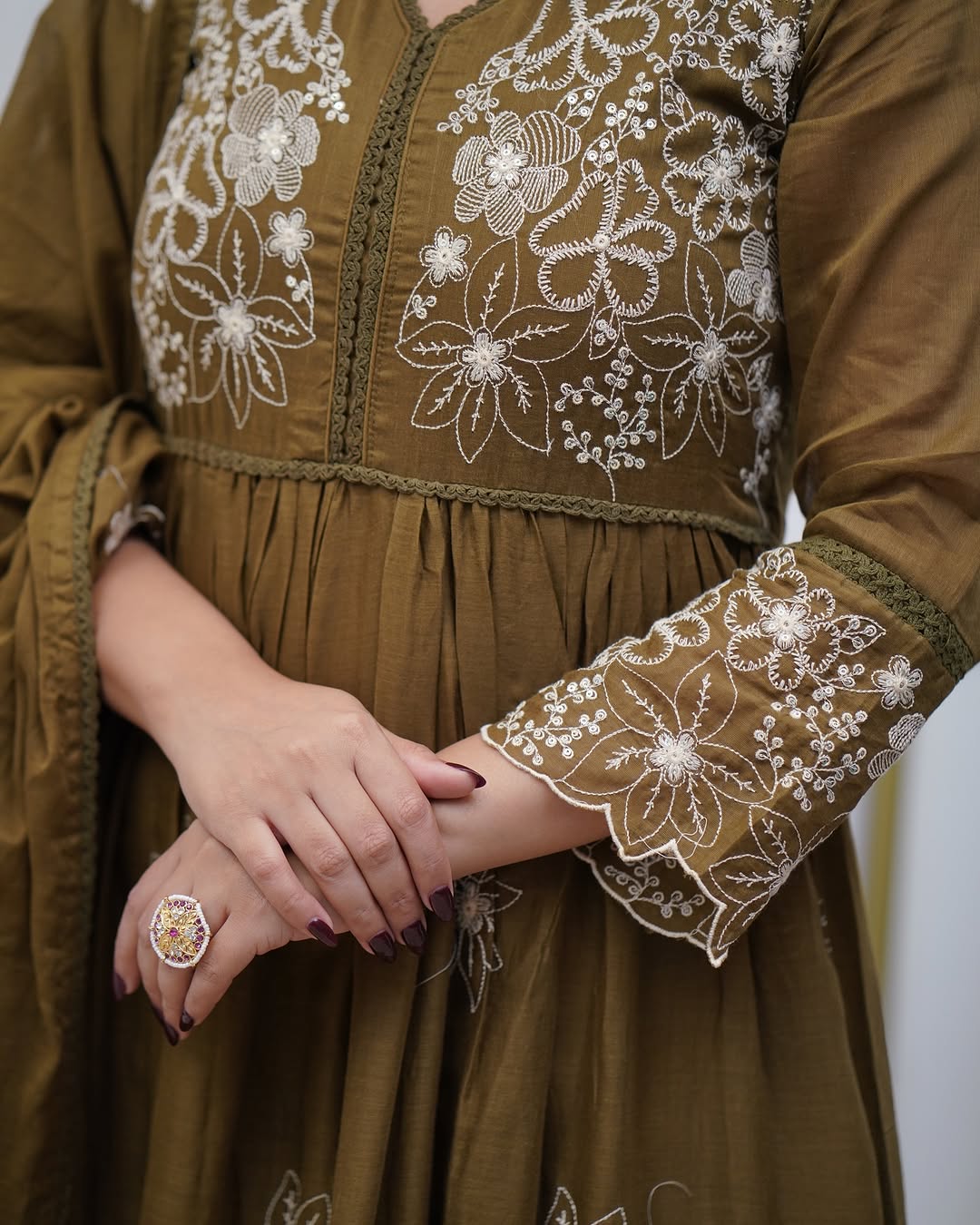 Olive Green Cotton Silk Floral Embroidered Anarkali Gown Set