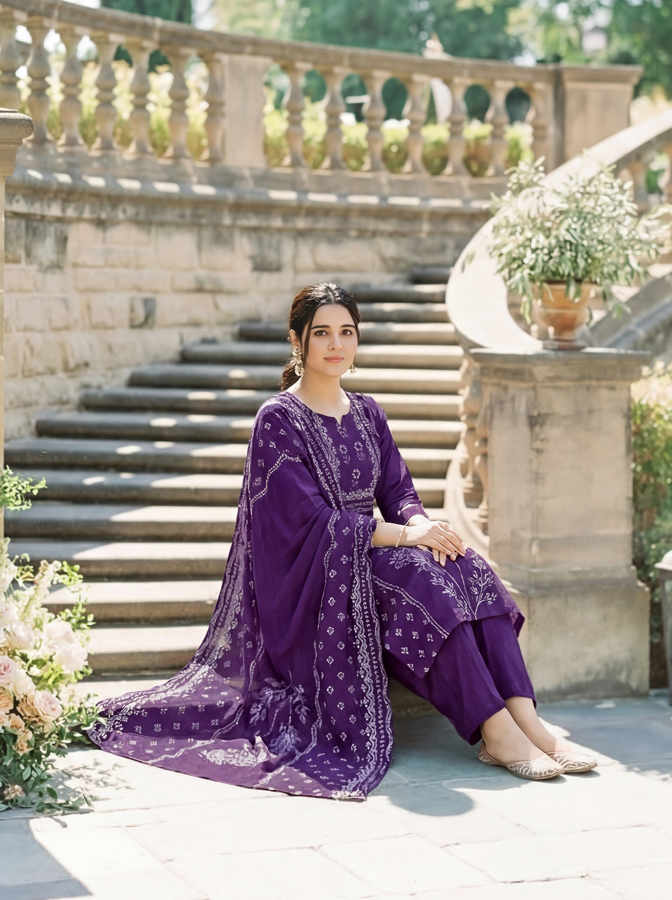 Purple Muslin Kurta Set with Traditional Print