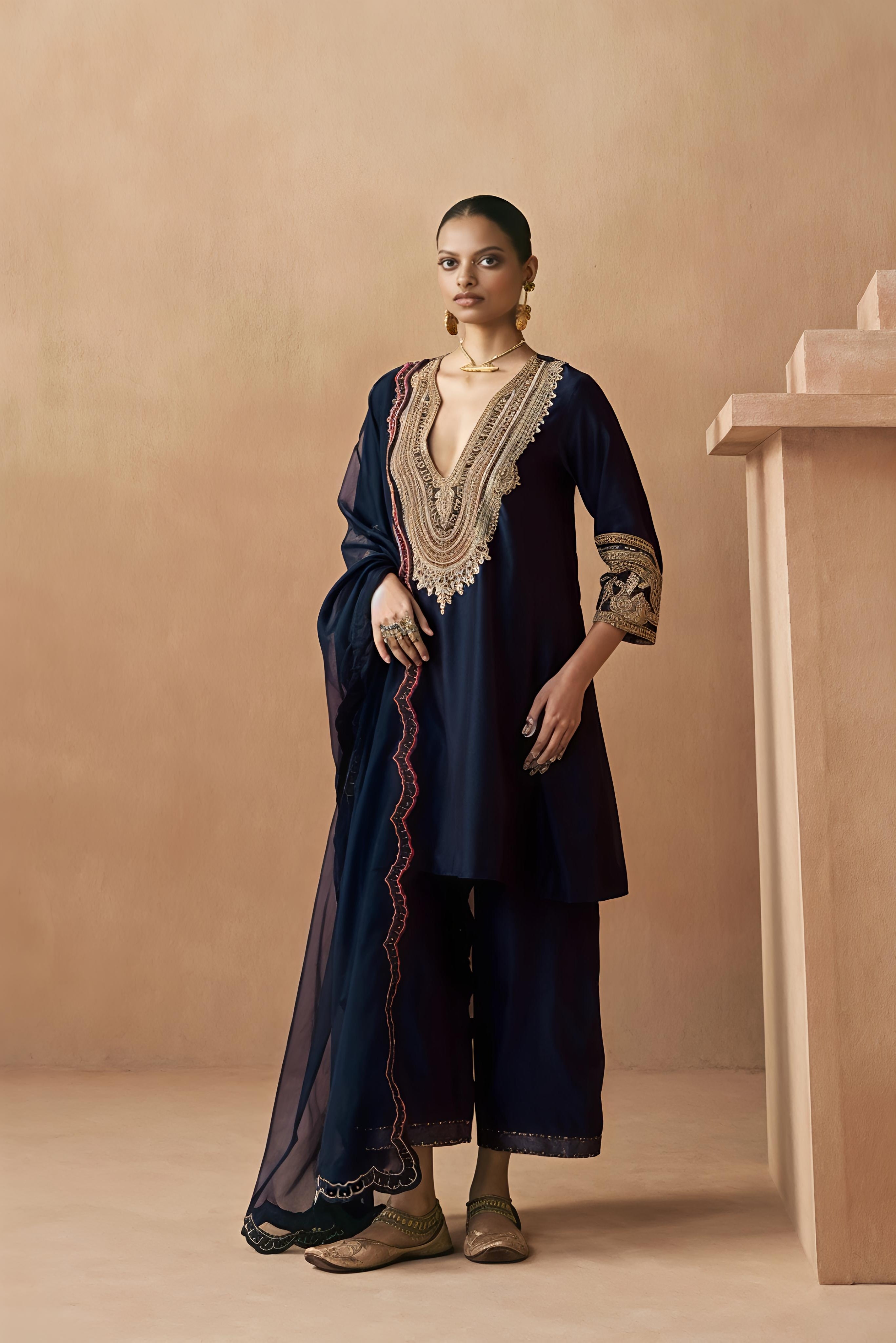 Navy Blue Roman Silk Salwar Suit