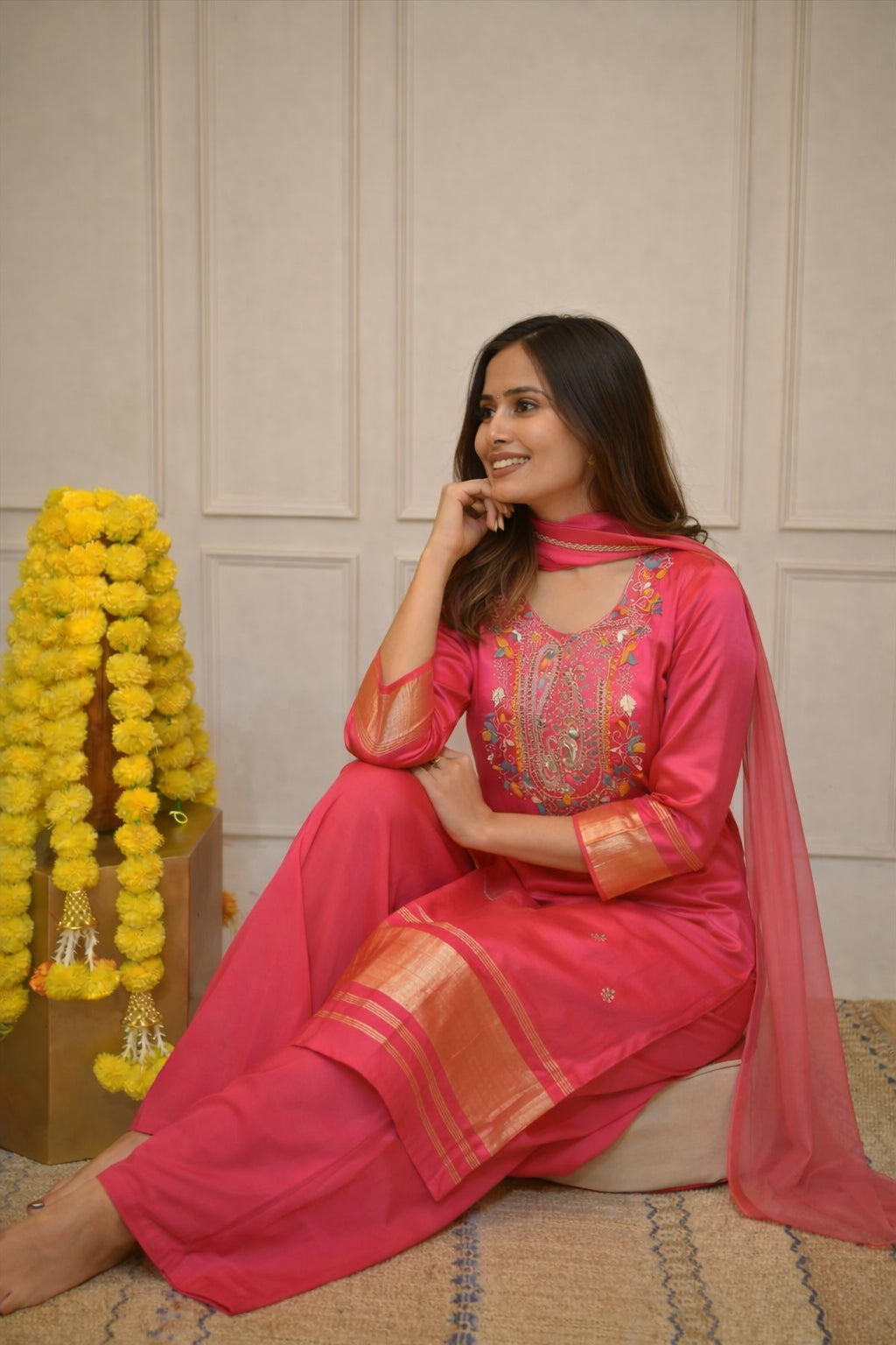 Zaierra Pink Embroidered Viscose Kurta Set with Pant and Dupatta