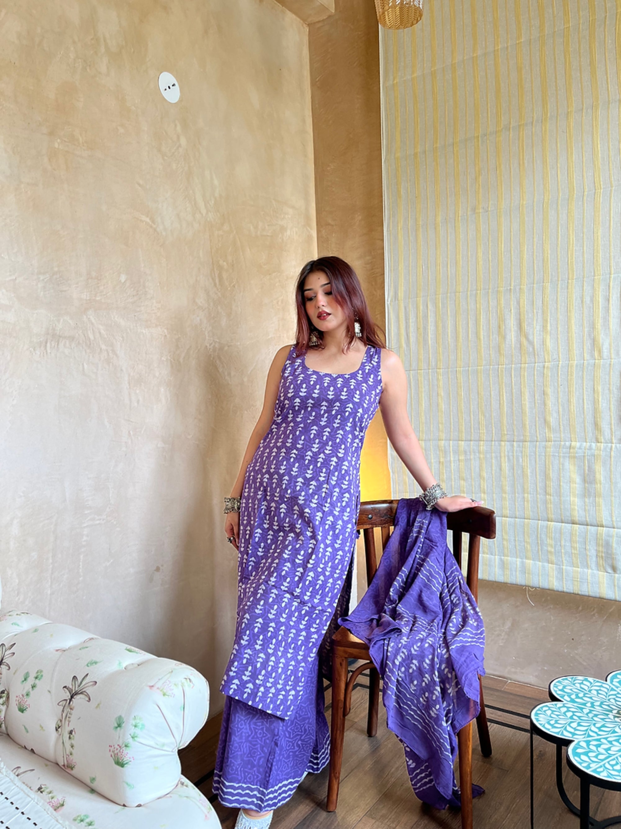 Women's Purple Block-Print Sleeveless Kurta Sharara Set with Dupatta.