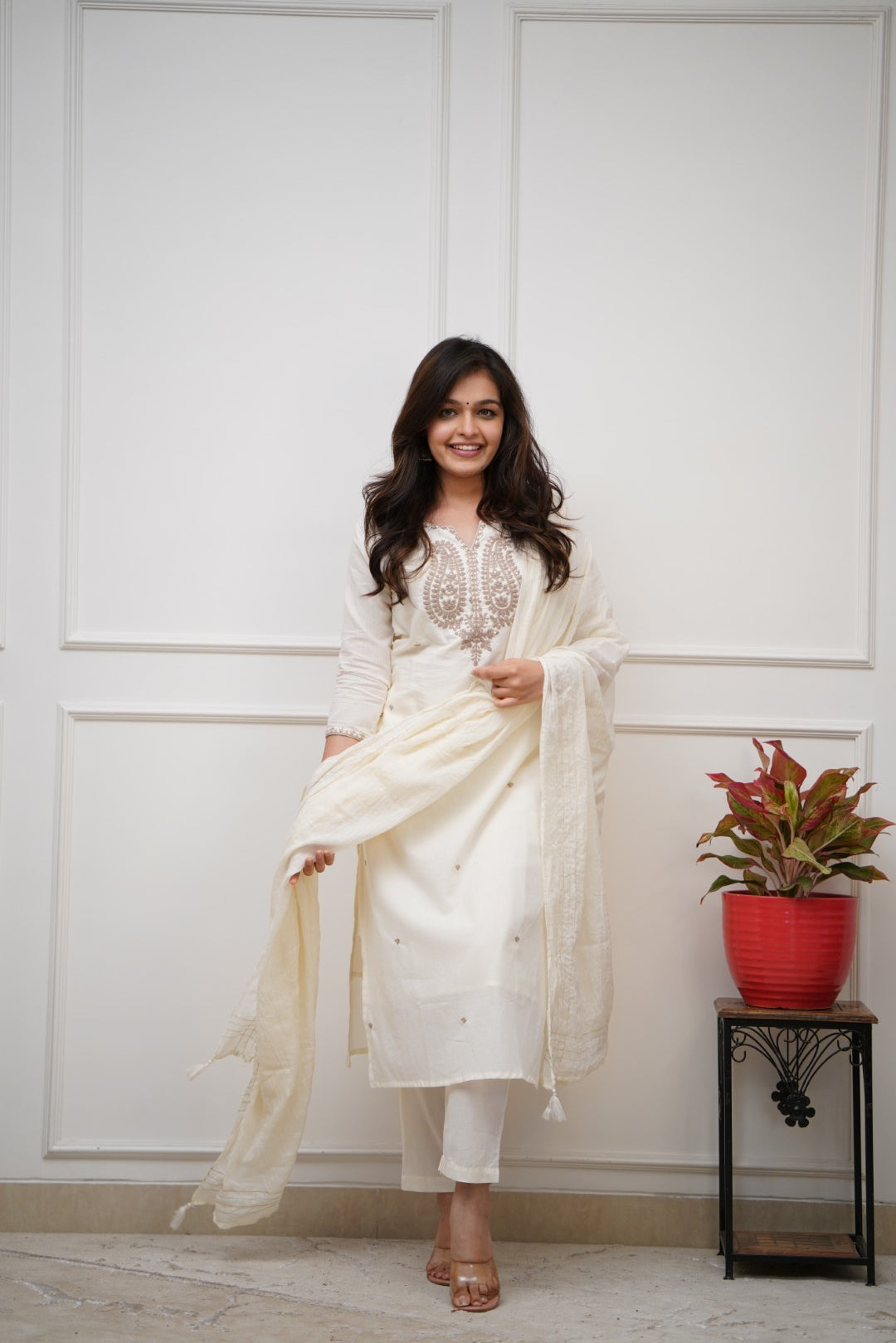 Off-White Chanderi Silk Straight Kurta Pant Set with Matching Sheer Dupatta