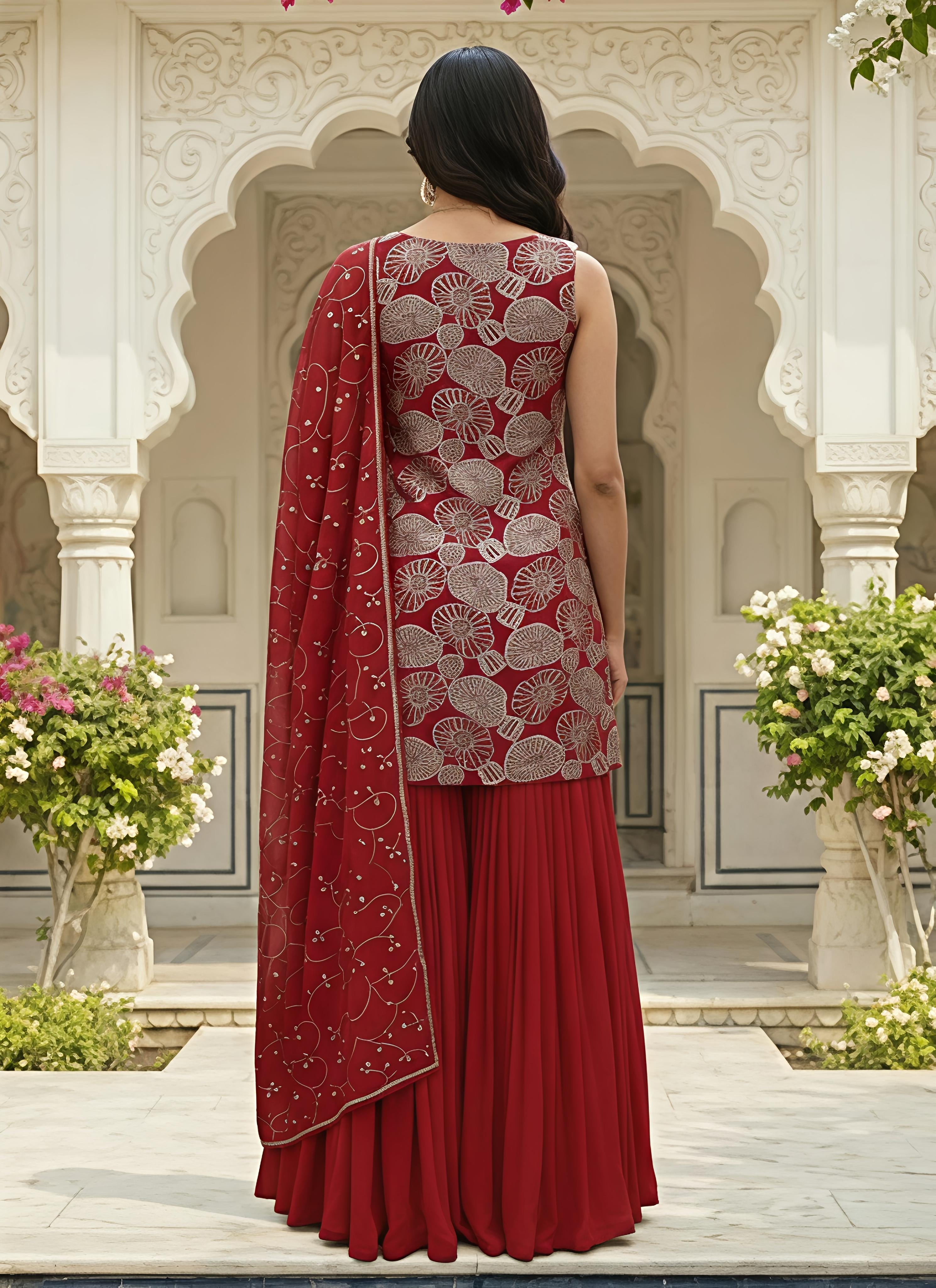 Red Shimmer Silk Sequins Thread Sharara Suit