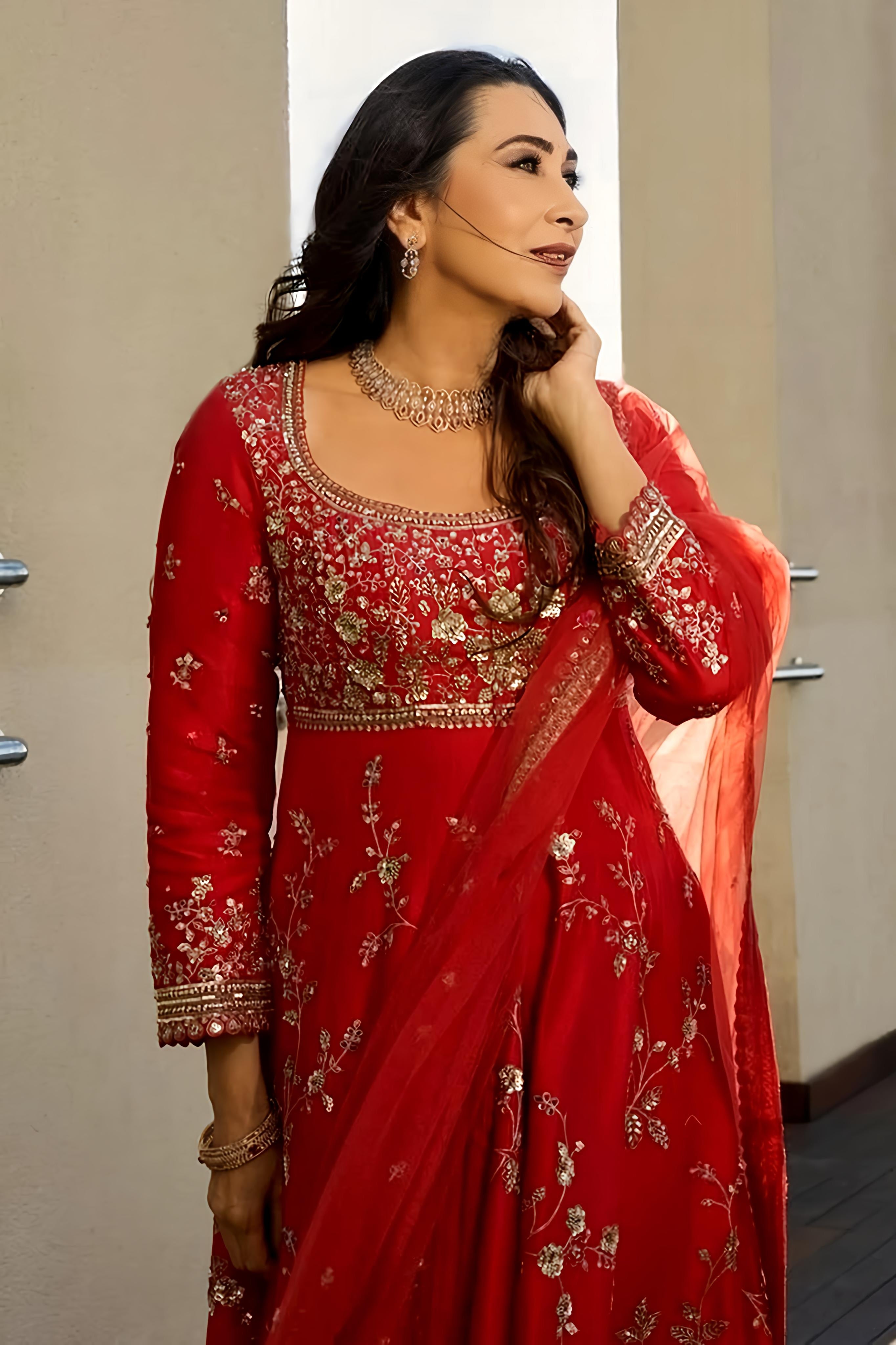 Faux Georgette Embroidery Round Neck Floral Anarkali Set