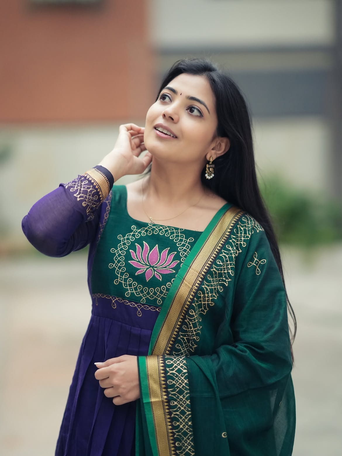 Deep Blue Emerald Green Flared Anarkali Suit Set