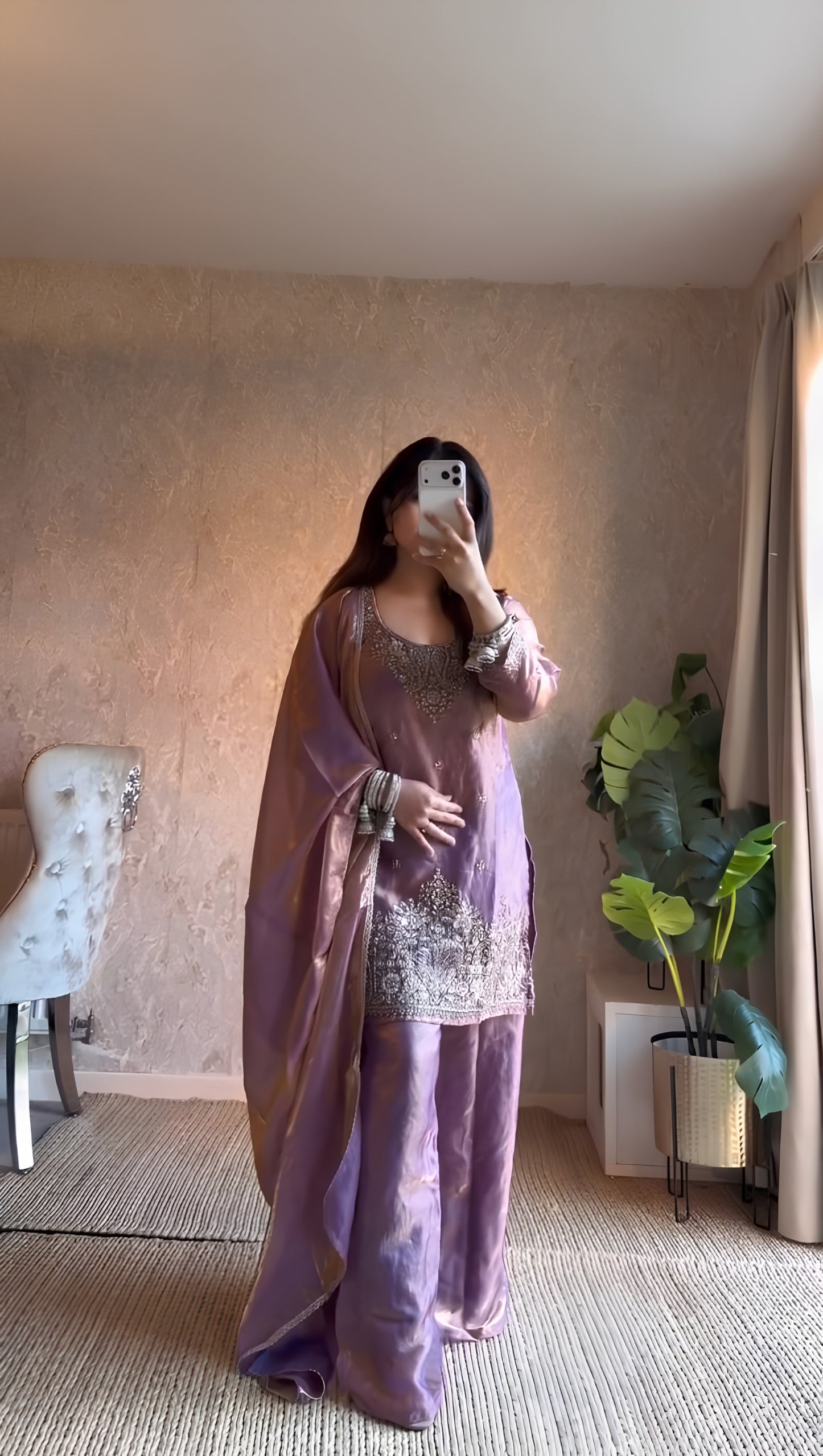 Plush Lavender Fendy Silk Embroidered Kurti Palazzo Set