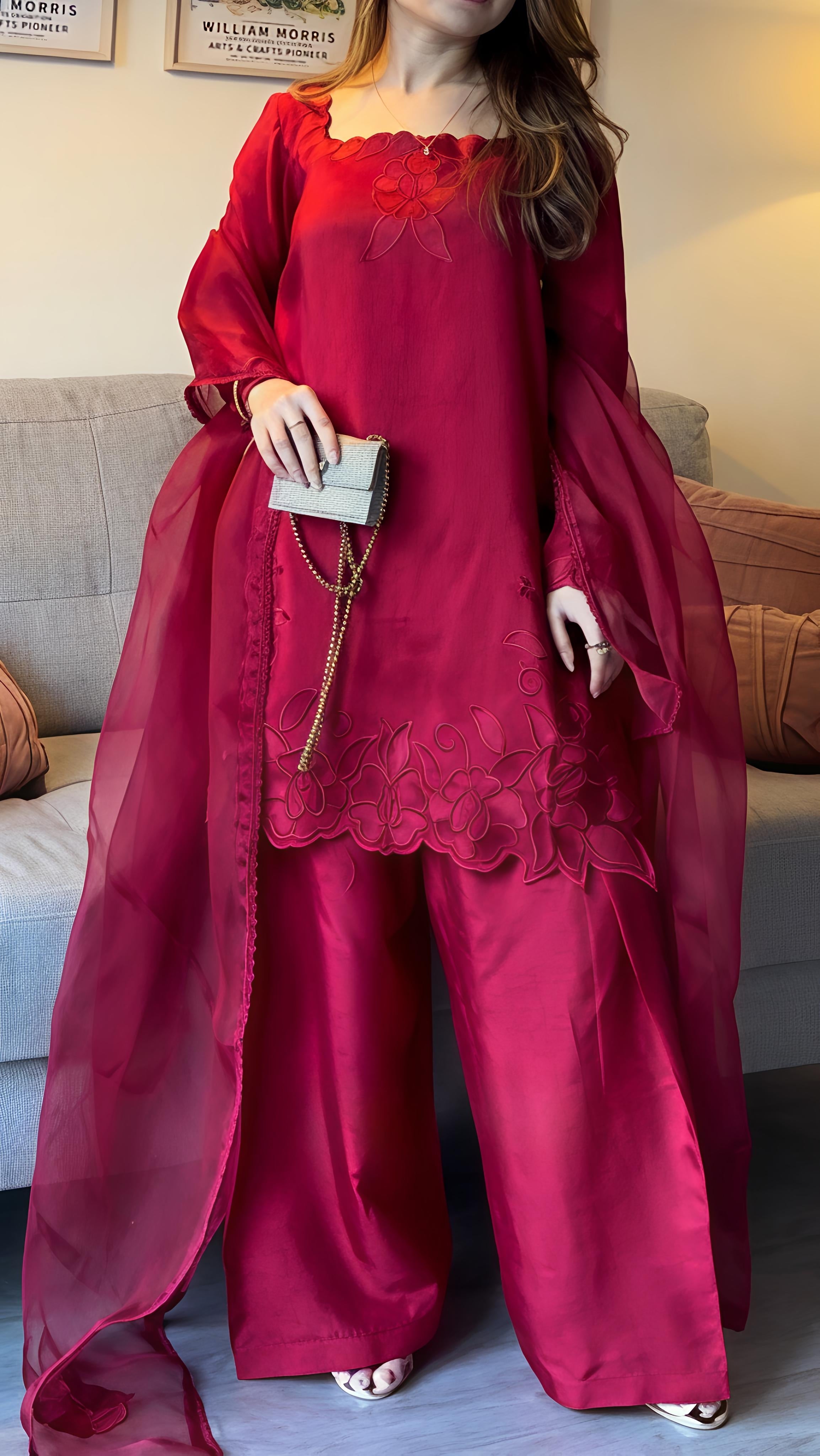 Dark Pink Roman Fabric Palazzo Suit