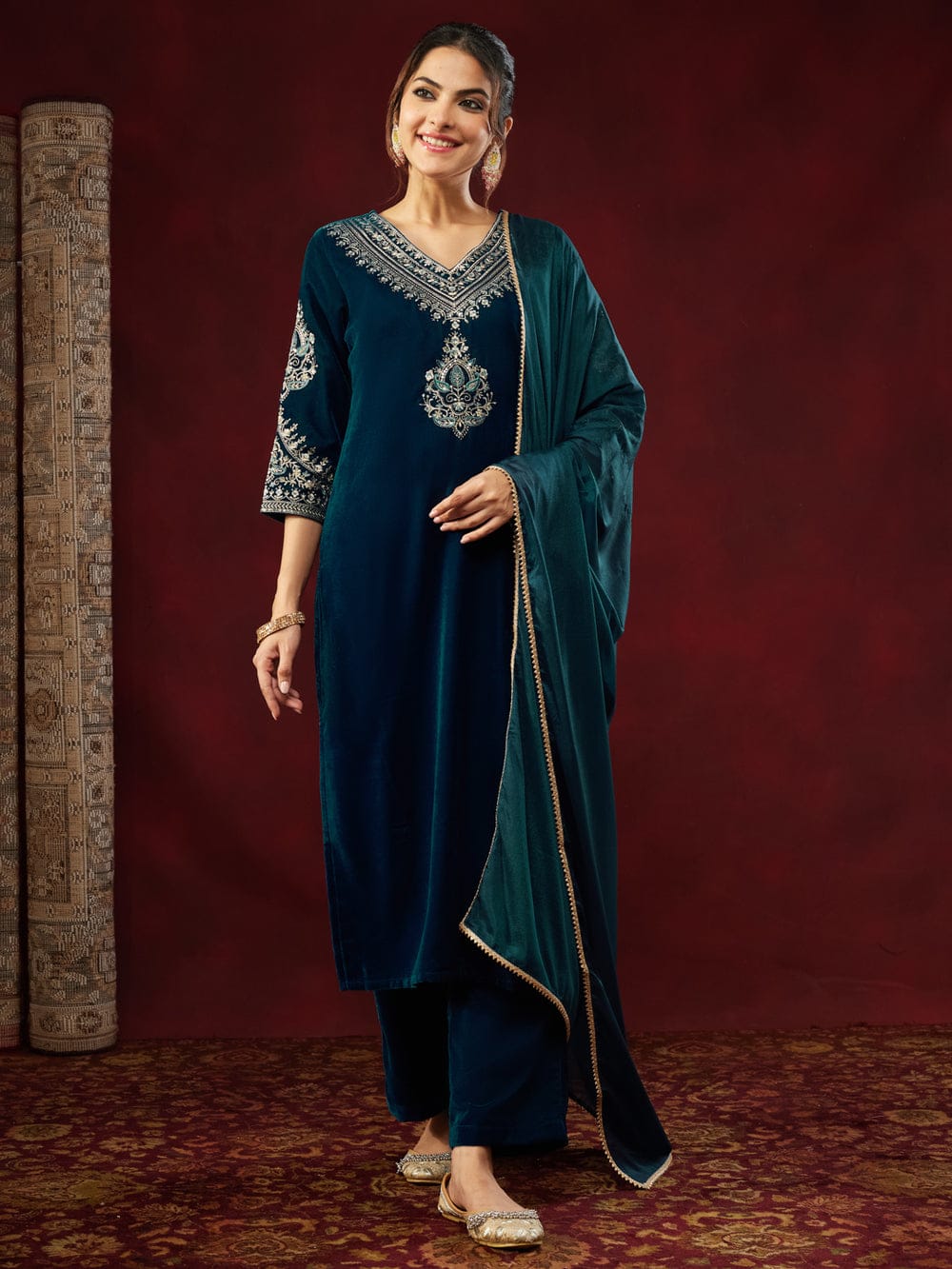 Teal Blue Velvet Zari Embroidered Straight Kurta Set