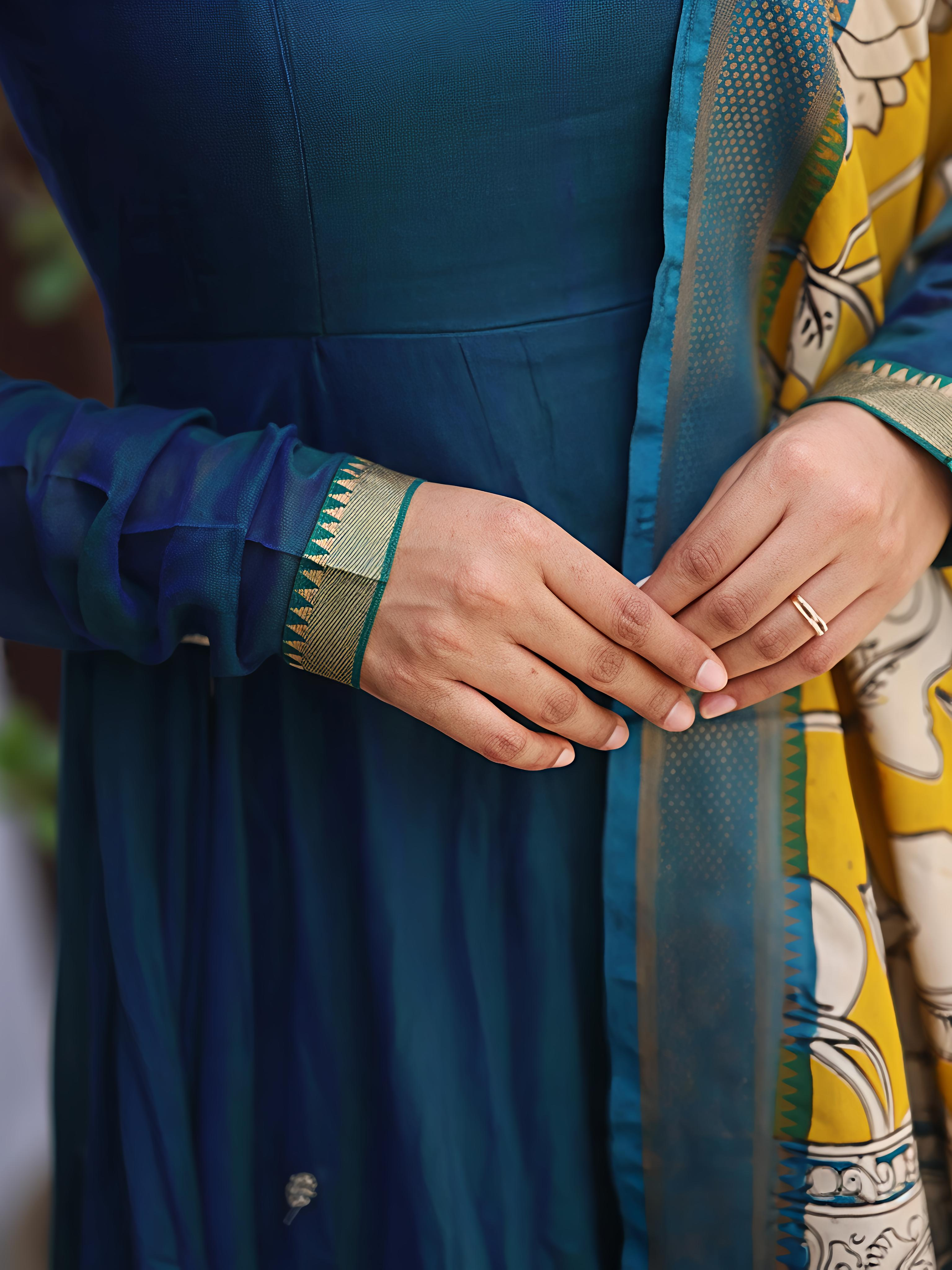 Narayanpet Anarkali Peacock Blue Kalamkari