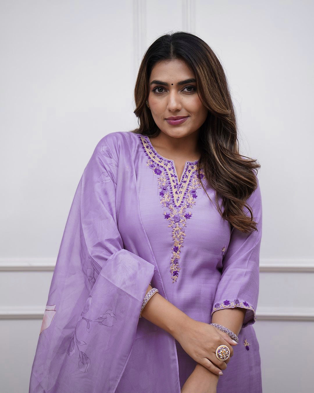 Lavender Embroidered Straight Kurta Pants Set