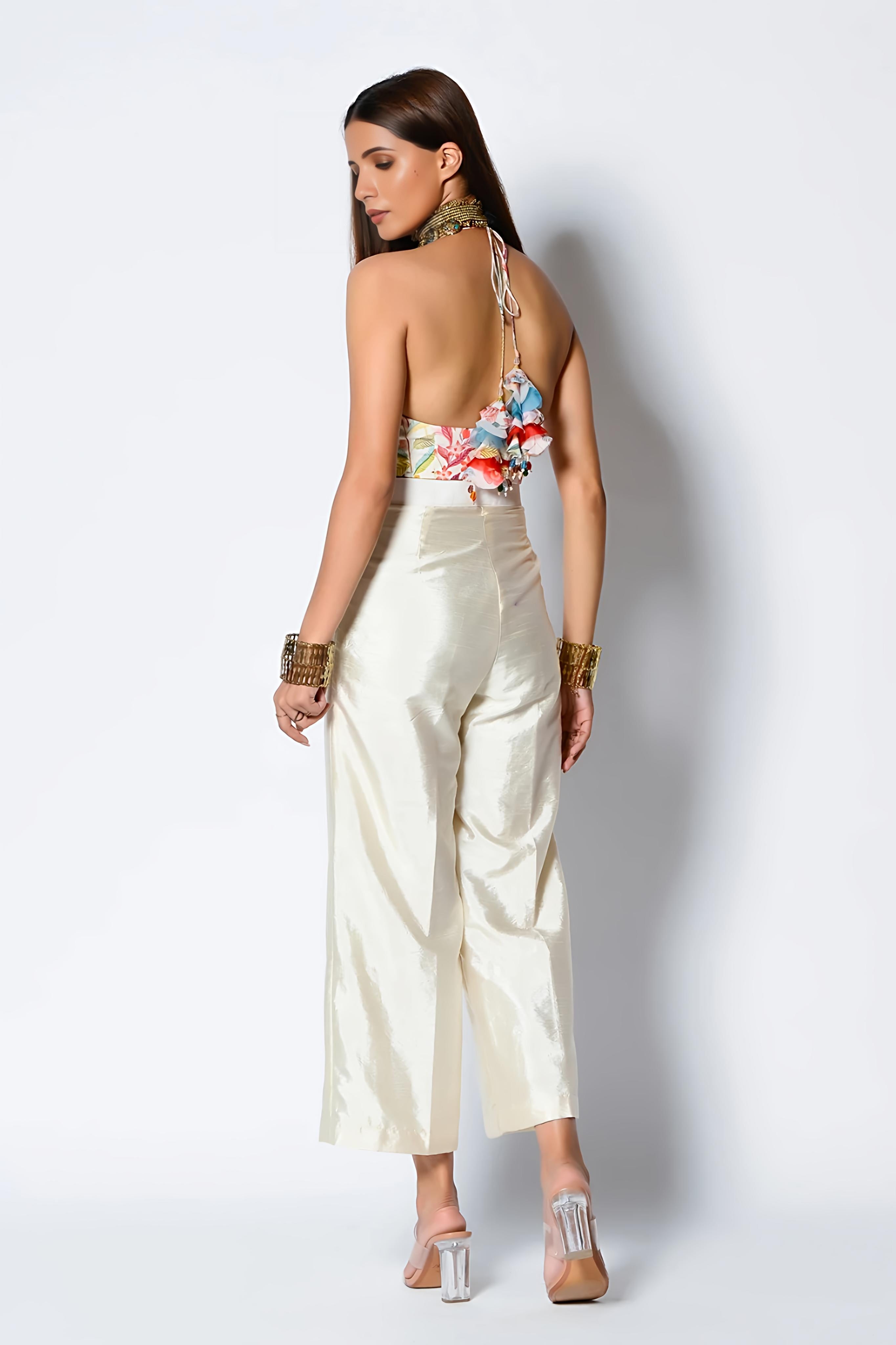 White Dupion Pant Set With Cape