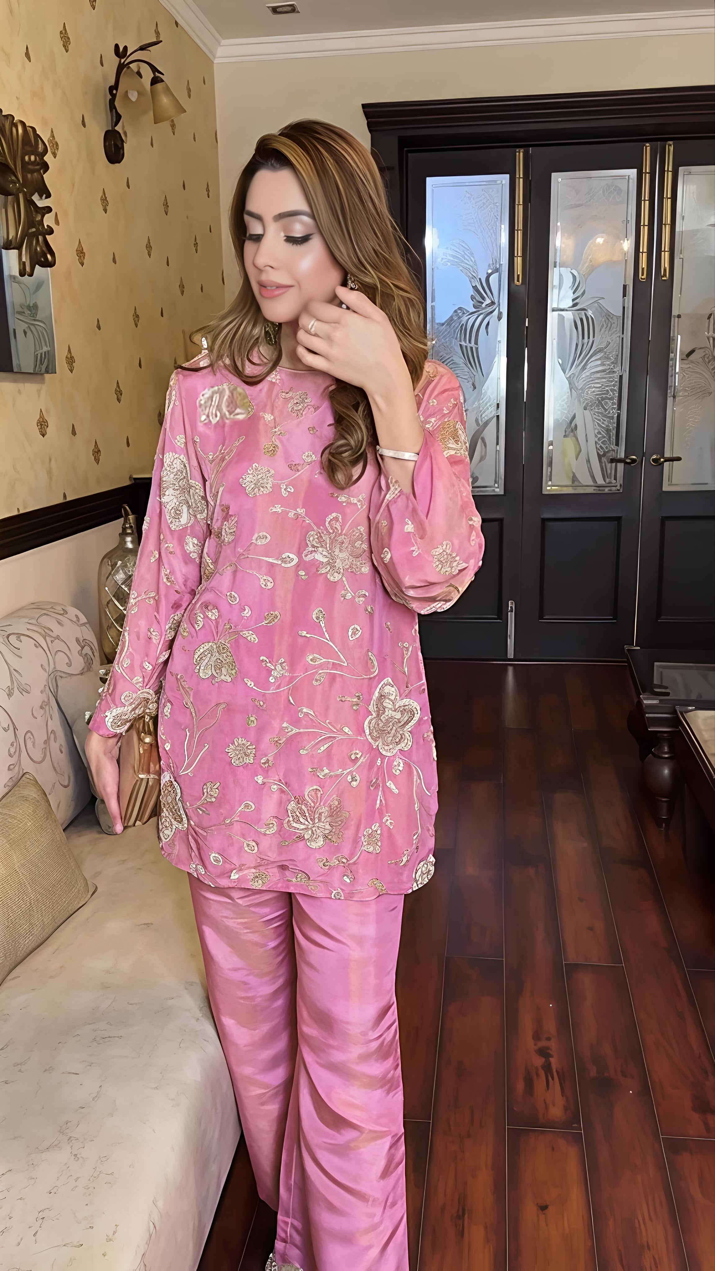 Rose Pink Viscose Tissue Beadwork Co-ord Set