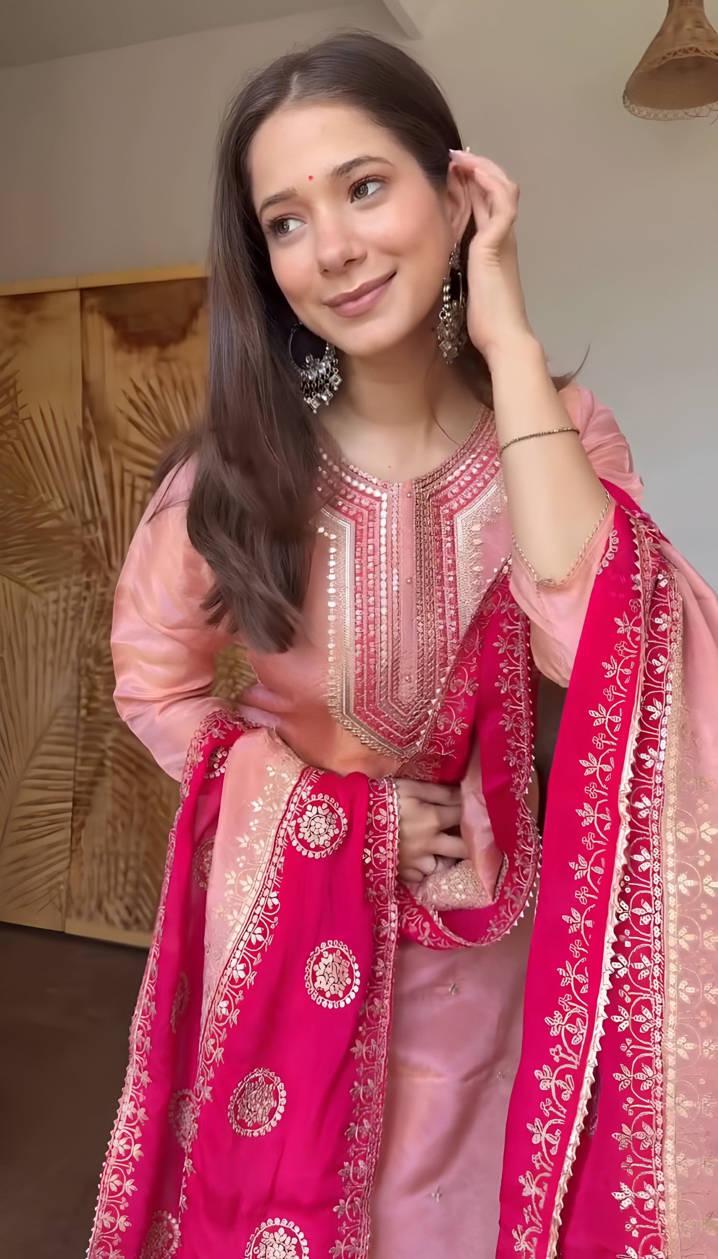 Pink Premium Fendy Silk Embroidered Suit Set